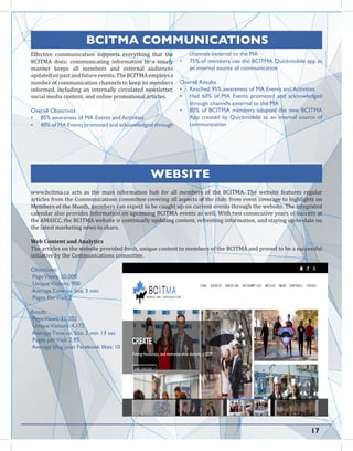 BCITMA COMMUNICATIONS
Effective communication supports everything that the
BCITMA does; communicating information in a timely
manner keeps all members and external audiences
updatedonpastandfutureevents.TheBCITMAemploysa
number of communication channels to keep its members
informed, including an internally circulated newsletter,
social media content, and online promotional articles.
Overall Objectives
•	 85% awareness of MA Events and Activities
•	 40% of MA Events promoted and acknowledged through
channels external to the MA
•	 75% of members use the BCITMA Quickmobile app as
an internal source of communication
Overall Results
•	 Reached 95% awareness of MA Events and Activities
•	 Had 60% of MA Events promoted and acknowledged
through channels external to the MA
•	 80% of BCITMA members adopted the new BCITMA
App created by Quickmobile as an internal source of
communication
WEBSITE
www.bcitma.ca acts as the main information hub for all members of the BCITMA. The website features regular
articles from the Communications committee covering all aspects of the club; from event coverage to highlights on
Members of the Month, members can expect to be caught up on current events through the website. The integrated
calendar also provides information on upcoming BCITMA events as well. With two consecutive years of success at
the AMAICC, the BCITMA website is continually updating content, refreshing information, and staying up-to-date on
the latest marketing news to share.
Web Content and Analytics
The articles on the website provided fresh, unique content to members of the BCITMA and proved to be a successful
initiative by the Communications committee.
Objectives:
PageViews: 20,000
UniqueVisitors: 900
Average Time on Site: 3 min
Pages PerVisit: 2
Result:
PageViews: 21,202
UniqueVisitors: 4,172
Average Time on Site: 2 min 13 sec
Pages perVisit: 2.95
Average blog post Facebook likes: 10
17
 