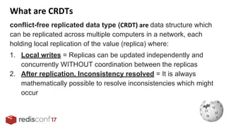 conflict-free replicated data type ( data structure which
can be replicated across multiple computers in a network, each
holding local replication of the value (replica) where:
1. Local writes = Replicas can be updated independently and
concurrently WITHOUT coordination between the replicas
2. After replication, Inconsistency resolved = It is always
mathematically possible to resolve inconsistencies which might
occur
 