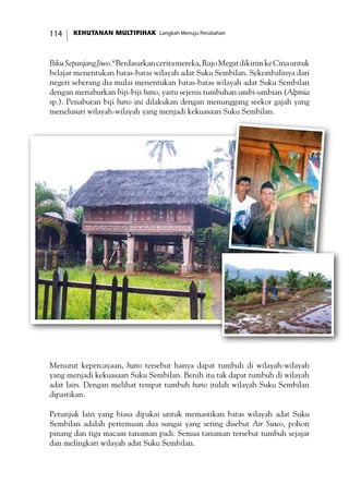 KEHUTANAN MULTIPIHAK Langkah Menuju Perubahan114
BikuSepanjangJiwo.4
Berdasarkanceritamereka,RajoMegatdikirimkeCinauntuk
belajar menentukan batas-batas wilayah adat Suku Sembilan. Sekembalinya dari
negeri seberang dia mulai menentukan batas-batas wilayah adat Suku Sembilan
dengan menaburkan biji-biji bano, yaitu sejenis tumbuhan umbi-umbian (Alpinia
sp.). Penaburan biji bano ini dilakukan dengan menunggang seekor gajah yang
menelusuri wilayah-wilayah yang menjadi kekuasaan Suku Sembilan.
Menurut kepercayaan, bano tersebut hanya dapat tumbuh di wilayah-wilayah
yang menjadi kekuasaan Suku Sembilan. Benih itu tak dapat tumbuh di wilayah
adat lain. Dengan melihat tempat tumbuh bano itulah wilayah Suku Sembilan
dipastikan.
Petunjuk lain yang biasa dipakai untuk memastikan batas wilayah adat Suku
Sembilan adalah pertemuan dua sungai yang sering disebut Air Suwo, pohon
pinang dan tiga macam tanaman padi. Semua tanaman tersebut tumbuh sejajar
dan melingkari wilayah adat Suku Sembilan.
 