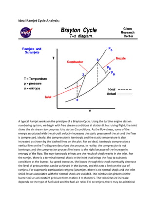 Ideal Ramjet Cycle Analysis:
A typical Ramjet works on the principle of a Brayton Cycle. Using the turbine engine station
numbering system, we begin with free stream conditions at station 0. In cruising flight, the inlet
slows the air stream to compress it to station 2 conditions. As the flow slows, some of the
energy associated with the aircraft velocity increases the static pressure of the air and the flow
is compressed. Ideally, the compression is isentropic and the static temperature is also
increased as shown by the dashed lines on the plot. For an ideal, isentropic compression a
vertical line on the T-s diagram describes the process. In reality, the compression is not
isentropic and the compression process line leans to the right because of the increase in
entropy of the flow. The non-isentropic effects are the result of shock waves in the inlet. For
the ramjet, there is a terminal normal shock in the inlet that brings the flow to subsonic
conditions at the burner. As speed increases, the losses through this shock eventually decrease
the level of pressure that can be achieved in the burner, and this sets a limit on the use of
ramjets. For supersonic combustion ramjets (scramjets) there is no normal shock and the inlet
shock losses associated with the normal shock are avoided. The combustion process in the
burner occurs at constant pressure from station 3 to station 5. The temperature increase
depends on the type of fuel used and the fuel-air ratio. For scramjets, there may be additional
 