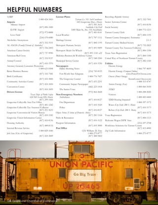AARP
1-800-424-3410
Airports
Alliance Airport
(817) 890-1000
D/FW Airport
(972) 973-8888
Love Field
(214) 670-6080
Alcoholics Anonymous
(817) 332-3533
AL-ANON (Family/Friends of Alcoholics)
(817) 336-2492
American Cancer Society
(817) 737-9990
American Red Cross
(817) 335-9137
Animal Control
(817) 410-3370
Attorney General, Consumer Protection
1-800-621-0508
Better Business Bureau
(817) 332-7585
Birth Certificates
(817) 410-3000
Community Activities Center
(817) 410-3450
Convention Center
(817) 410-3459
Drivers License
Texas Dept. of Public Safety
624 NE Loop 820, Hurst
(817) 299-1426
Grapevine-Colleyville Area Tax Office
(817) 481-1242
Grapevine-Colleyville Tax Assessor/Collector
(817) 251-5633
Grapevine Convention & Visitors Bureau
(817) 410-3185
Grapevine Visitor Information Center 	
(817) 410-8136
Housing Authority
(817) 488-8132
Internal Revenue Service
1-800-829-1040
Job Line (City of Grapevine)
(817) 410-3009
License Plates
Tarrant Co. NE Sub-Courthouse
645 Grapevine Hwy., Hurst
(817) 581-3635
Southlake City Hall
1400 Main St., Ste. 110, Southlake
(817) 481-8141
Local Weather
(817) 787-1111
Marriage License
(817) 884-1195
Metroport Humane Society
(817) 491-9499
Metroport Meals On Wheels
(817) 491-1141 x22
Midcities Business & Workforce Center
(817) 548-5200
Municipal Service Center
(817) 410-3330
Newspapers
Dallas Morning News
(214) 745-8123
Fort Worth Star-Telegram
1-800-776-7827
The Grapevine Courier
(817) 431-2231
Community Impact Newspaper
(682) 223-1418
The Senior Voice
(972) 862-2668
Non-Emergency Numbers
Ambulance
(817) 410-8127
Fire Department
(817) 410-3520
Police
(817) 410-8127
Open Arms (Victims of Domestic Abuse)
(817) 281-1164
Parks & Recreation
(817) 410-3122
Passport Information
(817) 410-3000
Post Office
1251 William. D. Tate
1-800-275-8777
(817) 488-9402
Recycling (Republic Services)
(817) 332-7301
Senior Activities Center
(817) 410-8130
Social Security
1-800-772-1213
Tarrant County Clerk
(817) 884-1195
Tarrant County Emergency Assistance
2-1-1
Tarrant County Medical Society
(817) 732-2825
Tarrant County Tax Assessor/Collector
(817) 884-1100
Texas Auto Registration
(817) 884-1100
United Way of Northeast Tarrant County
(817) 282-1160
Utilities
Electric Energy
1-866-797-4839
Electric Energy (Compare Online)
www.PowerToChoose.com
Oncor (Power Outage)
StormCenter.Oncor.com
1-888-313-4747
Atmos Energy (Gas)
1-800-460-3030
AT&T
1-800-288-2020
Verizon
1-800-483-4400
TDD Hearing Impaired
1-800-397-3172
Water (City Hall, 200 S. Main)
(817) 410-3173
Refuse (City Hall, 200 S. Main)
(817) 410-3173
Voter Registration
(817) 884-1115
Welcome Wagon DFW Area
(214) 697-2708
Workforce Solutions for Tarrant County
(817) 413-4000
Zip Code Information
1-800-275-8777
14 Grapevine Chamber of Commerce
HELPFUL NUMBERS
 