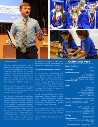 - just to name a few.
For the second consecutive year, a
Grapevine High School student was named
UIL 5A State Champion at the UIL State
Academic meet, GCISD had students
from the Future Problem Solving team
advance to international competition, six
high school students were named All-State
musicians and GHS students were named
Harvard Speech and Debate champions.
Nineteen students have also been named
National Merit Semi-Finalists for the 2014-
2015 school year, and two students earned
a perfect score on the ACT.
GCISD also is recognized for excellence
in its purchasing, financial and operational
practices. Recently, the district’s Financial
Services department received recognition
for its high level of transparency, earning a
2014 Platinum Leadership Circle Award from
the Texas Comptroller’s Office. Created
in 2014, this is the first year the Platinum
designation has been available. The success
of GCISD students – past, present and
future – begins at home with the continued
support of parents and the community.
The district is fortunate to have strong
partnerships with civic organizations and
businesses in the Grapevine community.
Young Entrepreneurs Academy
In 2012, GCISD, in partnership with
the Grapevine Chamber of Commerce,
began offering a unique opportunity to
students who want to learn more about
business strategies. The Grapevine Young
Entrepreneurs Academy (YEA! Program),
connects students with business leaders
who guide them through the process of
starting their own business.
In 2014, Colleyville Middle School eighth-
grader Drew DeHaven finished in second
at the Young Entrepreneurs Academy
(YEA!) National Saunders Scholarship
Competition in Washington D.C. and will
be awarded a college scholarship.
It is an exciting time in GCISD, and the district
looks forward to continue serving alongside the
Grapevine community in striving to be the BEST.
Together, GCISD is Building Excellent Schools
Together!
www.GrapevineChamber.org 17
Student Enrollment
13,705
Employees
1,752
Number of Schools
17 Traditional
Two Alternative
One Virtual Academy
One Early College High School
Graduation Rate
94%
Serves
Grapevine
Colleyville
portions of Euless
portions of Southlake
portions of Hurst
portions of Bedford
Average Years Experience of Teachers
13.5 years
Teachers with Masters Degrees
31.9%
Ethnicity
African American - 4%
Hispanic - 20%
White - 64%
Other (Native American/Asian/Pacific
Islander) - 12%
Tax Rate
$1.32 per $100
Governing Body
Seven-member elected Board of
Trustees
GCISD Quick Facts
Data taken from the most current district profile by the Texas Education Agency
Drew DeHaven
 