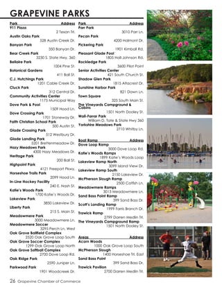 Park	 Address
911 Plaza
2 Texan Trl.
Austin Oaks Park
528 Austin Creek Dr.
Banyan Park
350 Banyan Dr.
Bear Creek Park
3230 S. State Hwy. 360
Bellaire Park
1004 Pine St.
Botanical Gardens
411 Ball St.
C.J. Hutchings Park
1201 Cable Creek Dr.
Cluck Park
312 Central Dr.
Community Activities Center
1175 Municipal Way
Dove Park & Pool
1509 Hood Ln.
Dove Crossing Park
1701 Stoneway Dr.
Faith Christian School Park
500 Austin St.
Glade Crossing Park
512 Westbury Dr.
Glade Landing Park
5201 Brettenmeadow Dr.
Hazy Meadows Park
4300 Hazy Meadows Dr.
Heritage Park
200 Ball St.
Highpoint Park
4121 Freeport Pkwy.
Horseshoe Trails Park
2099 Hood Ln.
In-Line Hockey Facility
240 E. Nash St.
Katie’s Woods Park
1700 Katie’s Woods Dr.
Lakeview Park
3850 Lakeview Dr.
Liberty Park
215 S. Main St.
Meadowmere Park
3000 Meadowmere Ln.
Meadowmere Soccer
3295 Perch Ln. West
Oak Grove Ballfield Complex
2520 Oak Grove Loop South
Oak Grove Soccer Complex
1299 Oak Grove Loop North
Oak Grove Softball Complex
2700 Dove Loop Rd.
Oak Ridge Park
2590 Juniper Ln.
Parkwood Park
1901 Woodcreek Dr.
Park	 Address
Parr Park
3010 Parr Ln.
Pecan Park
4200 Halmont Dr.
Pickering Park
1901 Kimball Rd.
Pleasant Glade Pool
1805 Hall-Johnson Rd.
Rockledge Park
3600 Pilot Point
Senior Activities Center
421 South Church St.
Shadow Glen Park
1815 Altacrest Dr.
Sunshine Harbor Park
821 Dawn Ln.
Town Square
325 South Main St.
The Vineyards Campground &
Cabins
1501 North Dooley St.
Wall-Farrar Park
William D. Tate & State Hwy 360
Yorkshire Meadows Park
2710 Whitby Ln.
Boat Ramp	 Address
Dove Loop Ramp
3000 Dove Loop Rd.
Katie’s Woods Ramps
1899 Katie’s Woods Loop
Lakeview Ramp North
3099 Island View Dr.
Lakeview Ramp South
2150 Lakeview Dr.
McPherson Slough Ramp
2500 Catfish Ln.
Meadowmere Ramps
3013 Meadowmere Ln.
Sand Bass Point Ramp
399 Sand Bass Dr.
Scott’s Landing Ramp
1999 Farris Branch Dr.
Trawick Ramp
2799 Darren Medlin Trl.
The Vineyards Campground Ramp
1501 North Dooley St.
Areas	 Address
Acorn Woods
1000 Oak Grove Loop South
McPherson Slough
1400 Horseshoe Trl. East
Sand Bass Point
399 Sand Bass Dr.
Trawick Pavilion
2700 Darren Medlin Trl.
26 Grapevine Chamber of Commerce
GRAPEVINE PARKS
Grapevine Botanical Gardens
Parr Park
Kayaks on Lake Grapevine
Rockledge Park
Baseball player at Oak Grove Ballfield Complex
 
