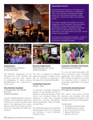 44 Grapevine Chamber of Commerce
Ambassadors
3rd Wednesday, 5:30 p.m.
Various Locations
The Chamber’s Ambassadors are the
welcoming arm of the Chamber, with
members promoting their business
by participating in ribbon cuttings,
groundbreakings and volunteering at
various events.
New Member Breakfast
1st Wednesday, Alt. Months
8:15 a.m.
Various Locations
Each New Member Breakfast offers new
members of the Chamber the opportunity
to receive an overview of the mission and
goals of the organization from current
members, while also providing a time for
one-on-one networking with fellow new
members.
Business Insight Series
Alternating Months, 8 a.m.
Various locations
This series is designed for individual
employees, managers or business owners
who are interested in improving or
developing their overall leadership skills.
Leadership Grapevine
August - May
An innovative leadership development
program, by the Chamber and City of
Grapevine, Leadership Grapevine offers
citizens and community leaders the
opportunity to learn about municipal
government, economic development,
cultural opportunities, health and safety,
and much more.
For Leadership graduates, the Leadership
Alumni program allows for the planning
and directing of future Leadership
Grapevine classes.
Grapevine Chamber Golf Classic
Annually each October
In a fun and relaxed atmosphere, this
annual tournament offers networking
opportunities with members or clients.
With morning and afternoon tee times,
the tournament offers a number of
sponsorship opportunities for business
marketing.
Community Awards Banquet
Annually each January
This annual event honors deserving
businesses and individuals who have
provided leadership and support for the
Chamber, as well as the City of Grapevine.
Awards include:
•	 Don Ramey Community Spirit
•	 Ted Willhoite Legacy Award
•	 D. E. Box Citizen of the Year
•	 Business Hall of Fame
•	 Member of the Year
Organization Structure
The Grapevine Chamber of Commerce is a
501(c)6 nonprofit corporation, chartered in
1952. The Chamber’s operational budget
comes from the business member’s yearly
investment, along with projects and special
events.
The mission, budget and program of work is
designed by the Chamber’s volunteer Board
of Directors, constructed of elected and
appointed members. The Board of Directors
hires a CEO to maintain the day-to-day
operations of the organization and staff, housed
at the Chamber office.
The Grapevine Chamber Foundation, a 501(c)3
nonprofit was established in 2013 to support
worthwhile charitable activities.Grapevine Community Awards Banquet at Austin Ranch at Hilton DFW Lakes
Ribbon Cutting for RE:defined Coffee House Business Insight Series at Cowboys Golf Club 35th
Annual Grapevine Chamber Golf Classic at Grapevine Golf Course
 