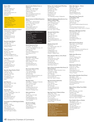 48 Grapevine Chamber of Commerce
Baker’s Ribs
Robert Austin
1720 State Highway 26
Grapevine, TX 76051
(972) 355-0227
grapevine@bakersribs.com
bakersribs.com
Restaurants
Barbara Gordon Montessori School
Edward Jackson - Headmaster
1513 Hall-Johnson Rd.
Colleyville, TX 76034
(817) 354-6670
info@bgmontessori.org
www.bgmontessori.org
Schools-Private
David & Cindy Barnes
Southlake, TX 76092
(817) 488-7468
cindyrbarnes@verizon.net
Individual Members
Barron Company
Louis Barron
Westlake, TX 76262
(682) 521-0556
LouisBarronJr@gmail.com
Real Estate Developers & Investors
Bartley’s Bar-B-Q
Casey Owens
413 E. Northwest Hwy.
Grapevine, TX 76051
(817) 481-3212
casey@bartleysbbq.com
www.bartleysbbq.com
Restaurants
Bass Pro Shops Outdoor World
Todd Ward - GM
2501 Bass Pro Dr.
Grapevine, TX 76051
(972) 724-2018
tbward@basspro.com
www.BassPro.com
Retail
Jack Bateman
Flower Mound, TX 75028
(972) 691-0420
jbatejr@yahoo.com
Individual Members
Batteries Plus
Felicia Gatlin - Owner
2757 E. Southlake Blvd., Suite 120
Southlake, TX 76092
(817) 488-6880
bp225@batteriesplus.net
www.batteriesplus.com
Batteries & Accessories
The Baugh Team/Bill Baugh & Debbie
Jenkins
Bill Baugh - Realtor
Grapevine, TX 76051
(817) 308-2989
billbaugh@yahoo.com
www.baughrealestate.org
Real Estate Agents & Brokers
Baylor Family Medical Center at
Grapevine
Dillon Warne - Office Manager
2020 W. Hwy 114 # 120
Grapevine, TX 76051
(817) 912-8300
dillon.warne@baylormedical.edu
www.grapevinedocs.com
Physicians & Surgeons
Baylor Institute for Rehab-Outpatient
Services
Laurel Dupont - Regional Director
3101 E. State Hwy 114 Ste B
Southlake, TX 76092
(817) 251-6351
LDupont@bir-rehab.com
www.baylorhealth.com
Physicians & Surgeons
Bealls Department Store
Lisa Hooks - Store Manager
1217 W. State Highway 114, Ste. 112
Grapevine, TX 76051
(817) 488-6025
lisahooks37184@gmail.com
www.stagestores.com
Retail
Bear Creek Golf Club
Brad Dutler - General Manager
3500 Bear Creek Ct.
DFW Airport, TX 75261
(972) 615-7418
bdutler@eaglegolf.com
www.bearcreek-golf.com
Golf
Bear Creek Spirits & Wine
Randy Johnson - Owner
7101 Colleyville Blvd.
Colleyville, TX 76034
(817) 251-8789
randyjohnson@bearcreekspirits.com
www.bearcreekspirits.com
Liquor Stores
Bearings North
Mark Johnson - Marketing & Operations
925 S. Main St., #3234
Grapevine, TX 76051
(888) 675-5389
mark@bearingsnorth.com
www.bearingsnorth.com
Information Technology Services
Bella Italia By Lee
Lee Truitt
Trophy Club, TX 76262
(817) 600-5871
lee@bellaitaliabylee.com
www.bellaitaliabylee.com
Travel Consultant
Karl & Lori Berger
Grapevine, TX 76051
(817) 488-9012
knlberger@verizon.net
Individual Members
Berkeys Air Conditioning & Plumbing
Jamie Wooldridge - President
2875 Market Loop
Southlake, TX 76092
(817) 481-5869
info@berkeys.com
www.berkeys.com
Plumbing Services
Air Conditioning, Heating & Refrigeration
Berkshire Hathaway HomeServices Lou
Hillman, REALTORS
Lou Hillman, Broker - Owner
203 E. Northwest Hwy.
Grapevine, TX 76051
(817) 481-2573
Lou@BHHS.com
www.bhhshillman.com
Real Estate Agents & Brokers
Bermuda Gold & Silver
Debi Meek - Owner
404 S. Main St.
Grapevine, TX 76051
(817) 481-5115
debimeek@hotmail.com
www.bermudagoldjewelry.com
Jewelry
Bespoke Group LLC
Divyesh Patel
1137 Michener Way, Suite 123
Irving, TX 75063
(214) 727-2545
usa@globalagco.com
www.globalagco.com
Mailing & Shipping Services
Better Business Bureau of Fort Worth
Larry Taylor
1300 Summit Ave., #700
Fort Worth, TX 76102
(817) 332-7585
info@fwbbb.org
www.fortworth.bbb.org
Better Business Bureaus
Better Homes & Gardens Real Estate, D.
Winans & Assoc.
Donna Dobb - Director, Recruitment Services
1256 Main St., #223
Southlake, TX 76092
(817) 784-9494
donna.dobb@winansbhg.com
www.texasmls.com
Real Estate Agents & Brokers
Big Fish Seafood Grill & Bar
Michael Easley - Owner
414 S. Main St.
Grapevine, TX 76051
(817) 481-2010
mbeasley19@verizon.net
www.bigfishonmain.com
Restaurants
Big Frog Custom T-Shirts & More
Michael Neal - Owner
2720 State Hwy. 121, #300
Euless, TX 76039
(817) 571-3764
michaeln@bigfrog.com
www.bigfrog.com/colleyville
Custom T-Shirts
Blake Allen Agency - Allstate
Blake Allen - Owner
4100 Heritage Ave., #107
Grapevine, TX 76051
(817) 358-0480
blakeallen@allstate.com
Insurance & Related Services
Blooming Colors Nursery &
Landscaping, LTD.
Barry Johnson
2221 Ira E. Woods Ave.
Grapevine, TX 76051
(817) 416-6669
bloomingcolors@bloomingcolorsnursery.
com
www.bloomingcolorsnursery.com
Landscaping Services, Garden Centers & Nurseries
Bluebonnet Hills Memorial Park
Greg Schoonmaker - GM
5725 Colleyville Blvd.
Colleyville, TX 76034
(817) 498-5894
mwelch@stei.com
www.bluebonnethills.com
Funeral Homes
Bob’s Steak & Chop House
Monte Morris - General Manager
1255 S. Main St.
Grapevine, TX 76051
(817) 481-5555
bobs.grapevine@bobs-steakandchop.com
www.bobs-steakandchop.com
Restaurants
BoBo China Restaurant
Louis Chiue
1112 W. Northwest Hwy.
Grapevine, TX 76051
(817) 481-3885
chiuelouis@yahoo.com
Restaurants
Body Fusions Massage
Christy Perry - Owner
Grapevine, TX 76051
(214) 415-7754
cleeperry@verizon.net
www.bodyfusionsmassage.com
Massage Therapists
Boi Na Braza Brazilian Steak House
Julio Matheus - Owner
4025 William D. Tate Ave.
Grapevine, TX 76051
(817) 329-5514
boinabraza.dfw@boinabraza.com
www.boinabraza.com
Restaurants
Bolech Home Selling Team/Keller
Williams
Lavon Bolech
850 E. State Hwy. 114, #100
Southlake, TX 76092
(214) 315-7820
LavonBolech@sbcglobal.net
www.LavonBolech.KWRealty.com
Real Estate Agents & Brokers
Bone Daddy’s House of Smoke
Mike Robinson - GM
1720 William D. Tate Ave.
Grapevine, TX 76051
(817) 251-0835
miker@bonedaddys.com
www.bonedaddys.com
Restaurants
Baylor Regional Medical Center at
Grapevine
Steve Newton - President
1650 W. College St.
Grapevine, TX 76051
(817) 481-1588
Steven.Newton@baylorhealth.edu
www.baylorhealth.com
Hospitals & Emergency Care Facilities
Bank of the West
Keith Temple - President
108 W. Northwest Hwy.
Grapevine, TX 76051
(817) 310-3555
sruddick@bnkwest.com
www.bnkwest.com
Banks
Blagg Tire & Service
Perry Leonard - President / COO
604 S. Main St.
Grapevine, TX 76051
(817) 481-4578
pleonard@carconceptsinc.com
www.blaggtire.com
Automobile Sales, Repairs & Related Services
Tire Sales & Repair
 