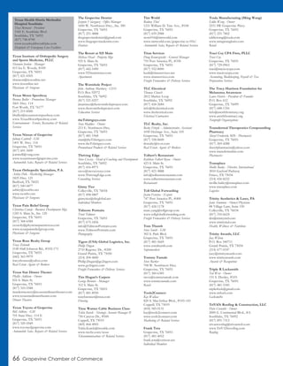 66 Grapevine Chamber of Commerce
Texas Institute of Orthopedic Surgery
and Sports Medicine, PLLC
Shannon Jordan - Manager
815 Ira E. Woods, #100
Grapevine, TX 76051
(817) 421-0505
shannon@tiosonline.net
www.tiosonline.net
Physicians & Surgeons
Texas Motor Speedway
Brenna Buller - Promotions Manager
3601 Hwy. 114
Fort Worth, TX 76177
(817) 215-8500
bbuller@texasmotorspeedway.com
www.TexasMotorSpeedway.com
Entertainment - Events, Recreation & Related
Services
Texas Nissan of Grapevine
Johnny Cantrell - GM
1401 W. Hwy. 114
Grapevine, TX 76051
(817) 601-3600
jcantrell@vtaig.com
www.texasnissanofgrapevine.com
Automobile Sales, Repairs & Related Services
Texas Orthopedic Specialists, P.A.
Ashley Delo - Marketing Manager
2425 Hwy. 121
Bedford, TX 76021
(817) 540-4477
ashley@txortho.net
www.txortho.net
Physicians & Surgeons
Texas Pain Relief Group
Christina Conoly - Business Development Mgr.
1245 S. Main St., Ste. 120
Grapevine, TX 76051
(817) 368-6584
cconoly@physicianpartnersoa.com
www.texaspainreliefgroup.com
Physicians & Surgeons
Texas Rose Realty Group
Tracy Zelenuk
2140 Hall Johnson Rd., #102-173
Grapevine, TX 76051
(682) 365-9979
tracyshouses@yahoo.com
Real Estate Agents & Brokers
Texas Star Dinner Theater
Phyllis Addison - Owner
816 S. Main St.
Grapevine, TX 76051
(817) 310-5588
murdermystery@texasstardinnertheater.com
www.texasstardinnertheater.com
Dinner Theaters
Texas Toyota of Grapevine
Bill Adkins - GM
701 State Hwy. 114 E.
Grapevine, TX 76051
(817) 329-5949
www.toyotaofgrapevine.com
Automobile Sales, Repairs & Related Services
The Grapevine Dentist
Jazmin Velazquez - Office Manager
1600 W. Northwest Hwy., Ste. 300
Grapevine, TX 76051
(817) 251-4888
thegrapevinedentist@gmail.com
www.thegrapevinedentist.com
Dentists
The Resort at 925 Main
Melissa Head - Property Mgr.
925 S. Main St.
Grapevine, TX 76051
(817) 442-5490
www.925mainstreet.com
Apartments
The Wormhole Project
John Anthony Martinez - CEO
P.O. Box 92972
Southlake, TX 76092
(817) 521-0257
jmartinez@thewormholeproject.com
www.thewormholeproject.com
Education Services
theTshirtguys.com
Stan Maddox - Owner
213 E. Northwest Hwy.
Grapevine, TX 76051
(817) 481-1968
stan@theTshirtguys.com
www.theTshirtguys.com
Promotional Products & Related Services
Thriving Edge
Steve Coxsey - Head of Coaching and Development
Southlake, TX 76092
(817) 416-8971
steve@stevecoxsey.com
www.ThrivingEdge.com
Consulting Services
Ginny Tice
Colleyville, TX 76034
(817) 498-0807
ginnytice@sbcglobal.net
Individual Members
Tidmore Portraits
Trent Tidmore
Grapevine, TX 76051
(817) 675-1856
info@TidmorePortraits.com
www.TidmorePortraits.com
Photography
Tigers (USA) Global Logistics, Inc.
Philip Dugan
2710 Regency Dr., #200
Grand Prairie, TX 75050
(214) 204-4600
Philip.Dugan@go2tigers.com
www.go2tigers.com
Freight Forwarders & Delivery Services
Tim Hogan’s Carpets
George Brenner - Manager
312 S. Main St.
Grapevine, TX 76051
(817) 481-8950
tonybrenner@msn.com
Flooring
Time Warner Cable Business Class
Tekla Kurek - Strategic Account Manager II
750 Canyon Dr., #500
Coppell, TX 75019
(469) 464-4905
Tekla.Kurek@twcable.com
www.twcbc.com/texas
Telecommunications & Related Services
Tint World
Rodney Thiel
1231 William D. Tate Ave., #100
Grapevine, TX 76051
(817) 659-2988
store016@tintworld.com
www.tintworld.com/grapevine-tx-016/
Automobile Sales, Repairs & Related Services
Titan Services
Doug Krawczynski - General Manager
755 Port America Pl., #330
Grapevine, TX 76051
(817) 552-8000
kenk@titanservices.net
www.titanservices.com
Freight Forwarders & Delivery Services
TLC Electrical
Thomas Church
2812 Market Loop
Southlake, TX 76092
(817) 424-2684
info@tlcelectrical.com
www.tlcelectrical.com
Electrical Contractors
TLC Realty, Inc.
Becky Fitzek - Administrative Assistant
4100 Heritage Ave., Suite 105
Grapevine, TX 76051
(817) 358-8600
tlcrealty@tx.rr.com
Real Estate Agents & Brokers
Tolbert’s Restaurant
Kathleen Tolbert Ryan - Owner
423 S. Main St.
Grapevine, TX 76051
(817) 421-4888
info@tolbertsrestaurant.com
www.tolbertsrestaurant.com
Restaurants
Toll Global Forwarding
Justin Ferreira - Export
747 Port America Pl., #400
Grapevine, TX 76051
(817) 424-1178
marc.yang@tollgroup.com
www.tollglobalforwarding.com
Freight Forwarders & Delivery Services
Tom Thumb
Steve Smith - GM
302 S. Park Blvd.
Grapevine, TX 76051
(817) 481-5669
www.tomthumb.com
Supermarkets
Tommy Tamale
Steve Barker
708 W. Northwest Hwy.
Grapevine, TX 76051
(817) 360-6385
steve@tommytamale.com
www.tommytamale.com
Retail
Tools2Connect
Kay Wallace
820 S. MacArthur Blvd., #105-143
Coppell, TX 75019
(818) 585-0131
kay@tools2connect.com
www.tools2connect.com
Marketing & Related Services
Frank Tota
Grapevine, TX 76051
(817) 481-4052
frank.tota@verizon.net
Individual Members
Toula Manufacturing (Ming Wang)
Eddie Wang - Owner
2551 SW Grapevine Pkwy.
Grapevine, TX 76051
(817) 251-7802
eddiewang@toula.com
www.mingwangknits.com
Retail
Traci Coy CPA Firm, PLLC
Traci Coy
Grapevine, TX 76051
(817) 729-0963
traci@tracicoycpa.com
www.tracicoycpa.com
Accounting, Bookkeeping, Payroll & Tax
Preparation Services
The Tracy Harrison Foundation for
Melanoma Awareness
Lance Harris - President & Founder
P.O. Box 612
Grapevine, TX 76099
(817) 688-1356
info@awishfromtracy.org
www.awishfromtracy.org
Nonprofit Organizations
Transdermal Therapeutics Compounding
Pharmacy
Sheryl Frederick, RPh - Pharmacist
Grapevine, TX 76051
(817) 269-4288
sherylpharmacist@yahoo.com
www.transdermalinc.com
Pharmacies
Transplace
Mollie Bailey - Director, International
3010 Gaylord Parkway
Frisco, TX 75034
(214) 436-8232
mollie.bailey@transplace.com
www.transplace.com
Logistics
Trinity Aesthetics & Laser, PA
Janie Simmons - Owner/Physician
88 Village Lane, Suite 150
Colleyville, TX 76034
(817) 310-6624
drs@trinitymd.com
www.trinitymd.com
Health, Wellness & Nutrition
Trinity Awards, LLC
Joey Wilson
P.O. Box 540711
Grand Prairie, TX 75054
(214) 677-0147
joey@trinityawards.com
www.trinityawards.com
Awards & Recognition
Triple R Locksmith
Ted West - Owner
151 S. Dooley, #103
Grapevine, TX 76051
(817) 481-5345
triplerlock@gmail.com
www.rrrlock.com
Locksmiths
TriVAN Roofing & Construction, LLC
Dave Custable - Owner
2000 E. Continental Blvd., #A
Southlake, TX 76092
(817) 891-7313
trivanroofing@trivanweb.com
www.TriVANroofing.com
Roofing
Texas Health Harris Methodist
Hospital Southlake
Traci Bernard - President
1545 E. Southlake Blvd.
Southlake, TX 76092
(817) 748-8700
www.texashealthsouthlake.com
Hospitals & Emergency Care Facilities
 