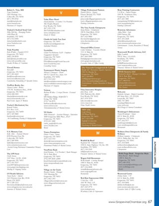 www.GrapevineChamber.org 67
Robert L. True, MD
Tams Hendricks
5203 Heritage Ave.
Colleyville, TX 76034
(817) 399-8783
tams@truemd.com
www.truemd.com
Physicians & Surgeons
Truluck’s Seafood Steak Crab
Mike McClure - Managing Partner
1420 Plaza Pl.
Southlake, TX 76092
(817) 912-0500
mmcclure@trulucks.com
www.Trulucks.com
Restaurants
Truly Possible
Kalee Wulfers - Founder/CEO
Grapevine, TX 76051
(682) 234-8924
kalee@truly-possible.com
www.truly-possible.com
Health, Wellness & Nutrition
Truvail Homes
Kim Judd
Grapevine, TX 76051
(817) 203-4423
kim@truvailhomes.com
www.truvailhomes.com
Construction, Remodeling & Specialty Services
TruWest Realty, Inc.
Shaune Corbett - Broker
1701 W. Northwest Hwy., #100
Grapevine, TX 76051
(214) 228-0383
shaune@truwestrealty.com
www.truwestrealty.com
Real Estate Agents & Brokers
Tucker’s Mechanical, Inc.
Kenneth Tucker
P.O. Box 1119
Grapevine, TX 76099
(817) 329-9885
ktuckera@verizon.net
Air Conditioning, Heating & Refrigeration
U.S. Memory Care
Kelly Allen - Assistant Director
8100 Precinct Line Dr.
Colleyville, TX 76034
(817) 500-5006
kallen@usmemorycare.com
www.usmemorycare.com
Assisted Living/Retirement Communities/Memory
Care
The UPS Store
Clark Stevens
1527 Hwy. 114 W., #500
Grapevine, TX 76051
(817) 251-9337
store4857@theupsstore.com
www.grapevineshipping.com
Mailing & Shipping Services
US Health Advisors
Steven Koehn - Advisor
1615 Precinct Line Rd., #106
Hurst, TX 76053
(817) 228-1212
Steven.Koehn@ushadvisors.com
www.ushagent.com/stevenkoehn
Insurance & Related Services
Value Place Hotel
David Johnston - Executive Vice President
306 Trophy Branch
Fort Worth, TX 76262
(817) 491-1118
dfw76262@valueplace.com
www.valueplace.com
Hotels & Motels
Charlie & Linda Van Zant
Grapevine, TX 76051
charlievanzant@gmail.com
Individual Members
VectisOne
Elaine Free-Roberson, Ed.D - Employee
Engagement Specialist
Grapevine, TX 76051
(214) 534-1760
EFreeRoberson@VectisOne.com
www.VectisOne.com
Consulting Services
Vennemeyer Plastic Surgery
Michael Vennemeyer - Doctor
500 N. Carroll Ave., Suite 110
Southlake, TX 76092
(817) 912-1410
info@southlakecosmeticsurgery.com
www.southlakecosmeticsurgery.com
Physicians & Surgeons
Verizon
Barbara Walker - Verizon Director - External
Affairs
600 Hidden Ridge, HQE02E71
Irving, TX 75038
(972) 718-2979
barbara.walker@verizon.com
www.verizon.com
Telecommunications & Related Services
VF Outlet
Mike Hannasch - Assistant Manager - Operations
3000 Grapevine Mills Pkwy., #127
Grapevine, TX 76051
(972) 691-3400
carrie_ziegler@vfc.com
www.vfoutlet.com
Retail
Vianco Enterprises
Denise Vianco - Owner
Grapevine, TX 76051
(817) 312-1703
denise@viancoenterprises.com
www.viancoenterprises.com
Promotional Products & Related Services
ViewPoint Bank
Jerud Harmon - Vice President / Bank Manager
301 S. Park Blvd.
Grapevine, TX 76051
(972) 509-2020 x2400
Jerud.Harmon@viewpointbank.com
www.viewpointbank.com
Banks
Village on the Creek
Rosalyn Clayton - Manager
3101 Mustang Dr.
Grapevine, TX 76051
(817) 442-1303
villageonthecreek@verizon.net
www.villageonthecreek.com
Apartments
Village Professional Painters
Patrick McCoy - Owners
Flower Mound, TX 75028
(817) 891-1017
pmccoy@villagepropainters.com
www.villagepropainters.com
Painting Contractors
The Vine Family Chiropractic
Kelsey Brown - Chiropractor
230 N. Park Blvd., #104
Grapevine, TX 76051
(817) 421-0800
thevinechiro@gmail.com
www.thevinechiro.com
Chiropractors
Vineyard Office Center
Linda Steinhaus - Executive Director
1111 S. Main St.
Grapevine, TX 76051
(817) 865-5000
linda@grapevinesuites.com
www.grapevinesuites.com
Executive Suites & Office Leasing
Vitas Innovative Hospice
John Mezo - GM
2501 Parkview Dr., #600
Fort Worth, TX 76102
(817) 870-7070
julie.sweat@vitas.com
www.vitas.com
Home Health Services
Waddell & Reed
Raymond Till - Financial Advisor
1050 E. State Highway 114, Ste. 250
Southlake, TX 76092
(817) 310-5545
rtill@wradvisors.com
Financial Advisors & Related Services
Wagon Grill Restaurant
Willie Randle - Catering Manager
1900 S. Main St., #100
Grapevine, TX 76051
(817) 416-0608
wrandle@email.phoenix.edu
www.wagongrill.com
Restaurants
Wal-Mart Supercenter #266
Victor Kay - GM
1601 W. Hwy. 114
Grapevine, TX 76051
(817) 421-4770
www.walmart.com
Warehouse Clubs & Supercenters
Ware Painting Contractors
Vic Ware - Owner/Partner
1001 W. Northwest Hwy.
Grapevine, TX 76051
(817) 421-3481
warepainting1963@hotmail.com
www.warepainting.net
Painting Contractors
Waterway Adventures
Adina Ritter - Sales
2500 Fairway Dr.
Grapevine, TX 76051
(817) 251-2628
aritter@marinasintl.com
www.waterwayadventures.com
Entertainment - Events, Recreation & Related
Services
Waterworth Wealth Advisors, LLC
Jeffrey Lambeth
950 E. Hwy. 114, #105
Southlake, TX 76092
(817) 718-4367
Jeff@Waterworthwa.com
www.waterworthwa.com
Financial Advisors & Related Services
Web.com
Kimberly Schragin - Digital Consultant
405 State Hwy. 121, #A250
Lewisville, TX 75067
(682) 701-2892
kvandagriff@web.com
www.web.com
Web Design & Internet Consultants
Weinberger’s Delicatessen
Daniel Weinberger - Owner
601 S. Main St., #100
Grapevine, TX 76051
(817) 416-5577
weinbergersdeli@aol.com
www.weinbergersdeli.com
Restaurants
Wellness First Chiropractic & Family
Wellness
William Cummins - Chiropractor
218 E. Dallas Rd., Ste. 101
Grapevine, TX 76051
(817) 416-0600
wellnessfirsttx@gmail.com
www.wellnessfirsttx.com
Chiropractors
Westwood Centre
Debbie Hobbs - VP
611 S. Main St., #400
Grapevine, TX 76051
(817) 410-4600
debbie.hobbs@att.net
www.westwoodcentre.com
Executive Suites & Office Leasing
U
V
W
Wells Fargo Bank - Grapevine Main
Moiz Kurani - Bank Manager
1400 S. Main St.
Grapevine, TX 76051
(817) 481-2531
moiz.a.kurani@wellsfargo.com
www.wellsfargo.com
Banks
The Vineyards Campground & Cabins
Randy Sell - Recreation/Aquatics Supervisor
1501 N. Dooley St.
Grapevine, TX 76051
(817) 329-8993
rsell@grapevinetexas.gov
www.vineyardscampground.com
Entertainment - Events, Recreation & Related
Services
VWV USA
Leigh Massey
210 West Wall St.
Grapevine, TX 76051
(817) 421-8300
leigh@vwvusa.com
www.vwvusa.com
Marketing & Related Services
WCK Cleaners, LLC
Richard K. Baker - Manager/ Co-Owner
340 S. Park Blvd.
Grapevine, TX 76051
(817) 488-8723
rkbaker4@verizon.net
www.wckcleaners.com
Dry Cleaners
ALPHABETICALLISTING
 
