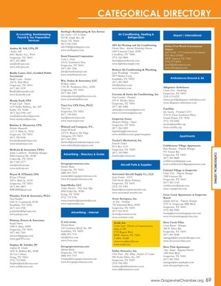 Andrea M. Still, CPA, PC
Andrea Still
4851 Merlot Ave., #510
Grapevine, TX 76051
(817) 421-8800
ann@still-cpa.com
www.still-cpa.com
Buddy Carter, LLC, Certified Public
Accountant
Buddy Carter - Partner
230 N. Park Blvd.
Grapevine, TX 76051
(817) 481-5535
Buddy@bcarterllc.com
www.bcarterllc.com
Wendy Ezell, CPA
Wendy Ezell - Owner
1670 Keller Parkway, Ste. 259
Keller, TX 76248
(817) 562-2700 x107
wendy@wendyezellcpa.com
www.wendyezellcpa.com
Kristine A. Munaretto, CPA
Kristine Munaretto
1111 S. Main St., #102
Grapevine, TX 76051
(817) 329-0106
kristine@amadorcpa.com
www.amadorcpa.com
McIlvain & Associates, CPA’s
Janine Castleberry - Marketing Manager
4004 Gateway Dr., #180
Colleyville, TX 76034
(817) 545-1277
info@mcilvain.net
www.mcilvain.net
Wayne B. O’Daniel, CPA
Wayne O’Daniel
920 S. Main St., #150
Grapevine, TX 76051
(817) 481-2803
WBODIII@aol.com
Pineider, Ford & Associates, PLLC
Paul Pineider
2241 E. Continental, #140
Southlake, TX 76092
(817) 410-3700
p.pineider@bpf-cpa.com
www.pfacpa.com
Pittman, Powers & Associates
Randy Powers
1000 S. Main, #200
Grapevine, TX 76051
(817) 481-7505
rpowers@ppacpa.com
www.ppaCPA.com
Stephen M. Scheller, PC
Stephen M. Scheller
6230 N. Beltline Rd., #340
(In Las Colinas)
Irving, TX 75063
(972) 753-0900
Stephen@schellcousa.com
www.schellcousa.com
Sterling’s Bookkeeping & Tax Service
Jon Chester - CPA/Owner
923 W. Glade Rd., #C
Hurst, TX 76054
(817) 656-1454
info1040@sterlingstax.com
www.sterlingstax.com
Strait Financial Corporation
Lester J. Strait
410 E. Northwest Hwy.
Grapevine, TX 76051
(817) 481-7046
info@straitfinancial.com
www.straitfinancial.com
Wm. Stukey & Associates, LLC
William Stukey
1705 W. Northwest Hwy., #220
Grapevine, TX 76051
(817) 481-3265
stukey@avirtualcpafirm.com.com
www.avirtualcpafirm.com
Traci Coy CPA Firm, PLLC
Traci Coy
Grapevine, TX 76051
(817) 729-0963
traci@tracicoycpa.com
www.tracicoycpa.com
Whitsell and Company, P.C.
Daniel Whitsell
1275 E. Road to Six Flags
Arlington, TX 76011
(817) 461-0041
dwhitsell@whitsellandcompany.com
www.whitsellandcompany.com
ilovegrapevinetexas.com
Michael Burns
Grapevine, TX 76051
(888) 893-7519
contact@ilovegrapevinetexas.com
www.ilovegrapevinetexas.com
SuperMedia, LLC
Tomas Marrero - Dist. Sales Mgr.
4500 Fuller Dr., #300
Irving, TX 75038
(972) 719-3790
tomas.marrero@supermedia.com
www.supermedia.com
i5 web works
Michael Burns
105 Creekway Bend, Ste. 200
Southlake, TX 76092
(888) 893-7519
info@i5ww.com
www.i5ww.com
ilovegrapevinetexas.com
Michael Burns
Grapevine, TX 76051
(888) 893-7519
contact@ilovegrapevinetexas.com
www.ilovegrapevinetexas.com
A#1 Air Heating and Air Conditioning
Dustin Mora - Internet Marketing Director
1605 Crescent Circle, #200
Carrollton, TX 75006
(972) 242-4800
dustin@anumber1air.com
www.rightdayornight.com
Berkeys Air Conditioning & Plumbing
Jamie Wooldridge - President
2875 Market Loop
Southlake, TX 76092
(817) 481-5869
info@berkeys.com
www.berkeys.com
Coventry & Gattis Air Conditioning, Inc.
Paul Coventry - President
219 N. Dooley Street
Grapevine, TX 76051
(817) 481-4286
sabine@coventryandgattis.com
www.coventryandgattis.com
Grapevine Green
Margaret Meharg - Owner
Grapevine, TX 76051
(817) 266-1885
mgmeharg@verizon.net
www.afmfilters.com/grapevinegreen
Tucker’s Mechanical, Inc.
Kenneth Tucker
P.O. Box 1119
Grapevine, TX 76099
(817) 329-9885
ktuckera@verizon.net
Associated Aircraft Supply Co., LLC
Jason Frazier - CEO
3250 Stone Myers Parkway
Grapevine, TX 76051
(214) 331-4381
jfrazier@associated-aircraft.com
www.associated-aircraft.com
Avant Aerospace, Inc.
Al Zito - President
720 Industrial Blvd., #500
Grapevine, TX 76051
(817) 416-0110
al.zito@avantaero.com
www.avantaero.com
Dallas Airmotive, Inc.
Chris Pratt - Dir. Mktg. Analysis & Comm.
900 Nolen Drive, Ste. 100
Grapevine, TX 76051
(214) 956-3001
turbines@dallasairmotive.com
www.dallasairmotive.com
Allegiance Ambulance
Chance Post - Marketing
Grapevine, TX 76051
(214) 675-6225
chance.post@allegiance-ambulance.com
www.allegiance-ambulance.com
CareFlite
Jim Swartz - President/CEO
3110 S. Great Southwest Pkwy.
Grand Prairie, TX 75052
(972) 339-4200
jswartz@careflite.org
www.careflite.org
Cobblestone Village Apartments
Rene Bowman - Property Manager
951 Turner Rd.
Grapevine, TX 76051
(817) 481-8684
cobblestone@fprginc.com
www.cobblestonevillageapartments.com
Colonial Village at Grapevine
Cindy Terry - Property Manager
2300 Grayson Dr.
Grapevine, TX 76051
(817) 481-1142
cynthia.terry@maac.com
www.cvgrapevine.com
Cross Creek Apartments at Grapevine
Ranch
Jennifer McCray - Property Manager
2701 N. Grapevine Mills Blvd.
Grapevine, TX 76051
(972) 906-9900
leasing@crosscreekatgrapevine.com
www.crosscreekatgrapevine.com
Dove Creek Villas
Crissy Bryant - Manager
500 N. Dove Rd.
Grapevine, TX 76051
(817) 481-9648
manager@dovecreekvillasapts.com
www.dovecreekvillas.com
Dove Park Apartments
Amy Adams - Regional Director
1400 Park Blvd.
Grapevine, TX 76051
(817) 481-9582
manager@doveparkapts.com
www.doveparkapts.com
Aviall, Inc.
Victor Scott - Director of Communications,
Mktg & PR
2755 Regent Blvd.
DFW Airport, TX 75261
1-(800) Aviall1
victor.scott@aviall.com
www.aviall.com
Dallas/Fort Worth International
Airport
John Terrell - VP Commercial Development
P.O. Box 619428
DFW Airport, TX 75261
(972) 973-4654
jterrell@dfwairport.com
www.dfwairport.com
Accounting, Bookkeeping,
Payroll & Tax Preparation
Services
Advertising - Directory & Guide
Advertising - Internet
Air Conditioning, Heating &
Refrigeration
Aircraft Parts & Supplies
Airport / International
Ambulance/Ground & Air
Apartments
CATEGORICALLISTING
CATEGORICAL DIRECTORY
www.GrapevineChamber.org 69
 