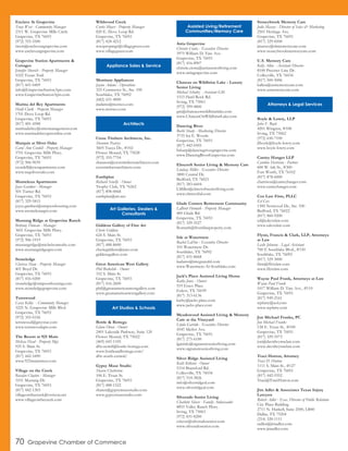 Enclave At Grapevine
Tracy West - Community Manager
2311 W. Grapevine Mills Circle
Grapevine, TX 76051
(972) 355-5500
twest@enclaveatgrapevine.com
www.enclaveatgrapevine.com
Grapevine Station Apartments &
Cottages
Jennifer Skorich - Property Manager
1022 Texan Trail
Grapevine, TX 76051
(817) 601-0409
info@GrapevineStationApts.com
www.GrapevineStationApts.com
Marina del Rey Apartments
Heidi Clark - Property Manager
1701 Dove Loop Rd.
Grapevine, TX 76051
(817) 481-4588
marinadelrey@simcmanagement.com
www.marinadelreyaptsonline.com
Marquis at Silver Oaks
Carol Ann Cordell - Property Manager
3701 Grapevine Mills Pkwy.
Grapevine, TX 76051
(972) 906-9039
ccordell@cwsapartments.com
www.mqsilveroaks.com
Montelena Apartments
Joyce Gardner - Manager
501 Turner Rd.
Grapevine, TX 76051
(817) 329-5815
joyce.gardner@simpsonhousing.com
www.montelenaapts.com
Mustang Ridge at Grapevine Ranch
Brittany Duncan - Manager
3601 Grapevine Mills Pkwy.
Grapevine, TX 76051
(972) 906-1919
mustangridge@michelsonrealty.com
www.mustangridgeapts.com
Stoneledge
Clarissa Shaw - Property Manager
401 Boyd Dr.
Grapevine, TX 76051
(817) 416-0200
stoneledge@simpsonhousing.com
www.stoneledgegrapevine.com
Terrawood
Casey Kelley - Community Manager
3225 N. Grapevine Mills Blvd.
Grapevine, TX 76051
(972) 355-0336
terrawood@greystar.com
www.terrawoodapts.com
The Resort at 925 Main
Melissa Head - Property Mgr.
925 S. Main St.
Grapevine, TX 76051
(817) 442-5490
www.925mainstreet.com
Village on the Creek
Rosalyn Clayton - Manager
3101 Mustang Dr.
Grapevine, TX 76051
(817) 442-1303
villageonthecreek@verizon.net
www.villageonthecreek.com
Wildwood Creek
Curtis Moyer - Property Manager
820 E. Dove Loop Rd.
Grapevine, TX 76051
(817) 424-4212
wwcpropmgr@villagegreen.com
www.villagegreen.com
Morrison Appliances
Jayme Adams - Operations
325 Commerce St., Ste. 100
Southlake, TX 76092
(682) 651-4000
jtadams@morsco.com
www.morsco.com
Cross Timbers Architects, Inc.
Shannon Pearcey
3605 Yucca Dr., #102
Flower Mound, TX 75028
(972) 355-7754
shannon@crosstimbersarchitects.com
crosstimbersarchitects.com
Earthplan
Richard Senelly - Owner
Trophy Club, TX 76262
(817) 898-0068
earthplan@att.net
Giddens Gallery of Fine Art
Cherie Giddens
624 S. Main St.
Grapevine, TX 76051
(817) 488-8600
cheriegiddens@juno.com
giddensgallery.com
Great American West Gallery
Phil Berkebile - Owner
332 S. Main St.
Grapevine, TX 76051
(817) 416-2600
phil@greatamericanwestgallery.com
www.greatamericanwestgallery.com
Bottle & Bottega
Glenn Olson - Owner
2401 Lakeside Parkway, Suite 120
Flower Mound, TX 75022
(469) 645-1105
dfw.ncntrl@bottle-bottega.com
www.bottleandbottega.com/
dfw-north-central/
Gypsy Muse Studio
Sharen Chatterton
106 E. Texas St.
Grapevine, TX 76051
(817) 488-1522
sharen@gypsymusestudio.com
www.gypsymusestudio.com
Atria Grapevine
Christie Ciotta - Executive Director
3975 William D. Tate Ave.
Grapevine, TX 76051
(817) 416-8907
christie.ciotta@atriaseniorliving.com
www.atriagrapevine.com
Chateau on Wildbriar Lake - Luxury
Senior Living
Michael Schultz - Assistant GM
1515 Hard Rock Rd.
Irving, TX 75061
(972) 399-4800
gm@chateauonwildbriarlake.com
www.ChateauOnWildbriarLake.com
Dancing River
Barbi Sharp - Marketing Director
3735 Ira E. Woods
Grapevine, TX 76051
(817) 442-0505
bsharp@dancingrivergrapevine.com
www.DancingRiverGrapevine.com
Elmcroft Senior Living & Memory Care
Lindsay Miller - Executive Director
3800 Central Dr.
Bedford, TX 76021
(817) 283-6604
LMiller@elmcroftseniorliving.com
www.elmcroftal.com
Glade Corners Retirement Community
LaBrett Homuth - Property Manager
400 Glade Rd.
Grapevine, TX 76051
(817) 329-3527
lhomuth@frontlineproperty.com
Isle at Watermere
Rachel LaDue - Executive Director
101 Watermere Dr.
Southlake, TX 76092
(817) 431-8668
kadams@integratedsl.com
www.Watermere-At-Southlake.com
Jack’s Place Assisted Living Home
Kathy Jones - Owner
519 Essex Place
Euless, TX 76039
(817) 313-6136
kathy@jacks-place.com
www.jacks-place.com
Meadowood Assisted Living & Memory
Care at the Vineyard
Linda Garrido - Executive Director
4545 Merlot Ave.
Grapevine, TX 76051
(817) 275-6100
lgarrido@signatureseniorliving.com
www.signatureseniorliving.com
Silver Ridge Assisted Living
Keith Kithsiri - Owner
5314 Bransford Rd.
Colleyville, TX 76034
(817) 514-3826
info@silverridgeal.com
www.silverridgeal.com
Silverado Senior Living
Charlotte Slaver - Family Ambassador
8855 Valley Ranch Pkwy.
Irving, TX 75063
(972) 831-8200
cslaver@silveradosenior.com
www.silveradosenior.com
Stoneybrook Memory Care
Jodie Massey - Director of Sales & Marketing
2501 Heritage Ave.
Grapevine, TX 76051
(817) 329-8500
jmassey@sbmemorycare.com
www.stoneybrookmemorycare.com
U.S. Memory Care
Kelly Allen - Assistant Director
8100 Precinct Line Dr.
Colleyville, TX 76034
(817) 500-5006
kallen@usmemorycare.com
www.usmemorycare.com
Boyle & Lowry, LLP
John F. Boyle
4201 Wingren, #108
Irving, TX 75062
(972) 650-7100
jfboyle@boyle-lowry.com
www.boyle-lowry.com
Cantey Hanger LLP
Caroline Harrison - Partner
600 W. 6th St., #300
Fort Worth, TX 76102
(817) 878-6000
charrison@canteyhanger.com
www.canteyhanger.com
Cox Law Firm, PLLC
Ed Cox
1300 Norwood Dr., Ste. 100
Bedford, TX 76022
(817) 860-9200
ed@edcoxlaw.com
www.edcoxlaw.com
Flynn, Francis & Clark, LLP, Attorneys
at Law
Leslie Johnson - Legal Assistant
700 E Southlake Blvd., #150
Southlake, TX 76092
(817) 329-3000
firm@ffctxlaw.com
www.ffctxlaw.com
Wayne Paul Frank, Attorneys at Law
Wayne Paul Frank
1017 William D. Tate Ave., #110
Grapevine, TX 76051
(817) 949-2161
wpfatty@aol.com
www.wpfatty.com
Jon Michael Franks, PC
Jon Michael Franks
128 E. Texas St., #100
Grapevine, TX 76051
(817) 329-5573
jon@davidwynnelaw.com
www.davidwynnelaw.com
Traci Hutton, Attorney
Traci D. Hutton
1111 S. Main St., #127
Grapevine, TX 76051
(817) 442-9352
Traci@TraciHutton.com
Jim Adler & Associates Texas Injury
Lawyers
Robert Adler - Exec. Director of Public Relations
City Place Building
2711 N. Haskell, Suite 2500, LB40
Dallas, TX 75204
(214) 320-1111
radler@jimadler.com
www.jimadler.com
Appliance Sales & Service
Architects
Art Galleries, Dealers &
Consultants
Art Studios & Schools
Assisted Living/Retirement
Communities/Memory Care
Attorneys & Legal Services
70 Grapevine Chamber of Commerce
 