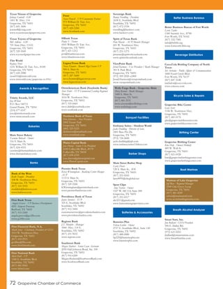Texas Nissan of Grapevine
Johnny Cantrell - GM
1401 W. Hwy. 114
Grapevine, TX 76051
(817) 601-3600
jcantrell@vtaig.com
www.texasnissanofgrapevine.com
Texas Toyota of Grapevine
Bill Adkins - GM
701 State Hwy. 114 E.
Grapevine, TX 76051
(817) 329-5949
www.toyotaofgrapevine.com
Tint World
Rodney Thiel
1231 William D. Tate Ave., #100
Grapevine, TX 76051
(817) 659-2988
store016@tintworld.com
www.tintworld.com/grapevine-tx-016/
Trinity Awards, LLC
Joey Wilson
P.O. Box 540711
Grand Prairie, TX 75054
(214) 677-0147
joey@trinityawards.com
www.trinityawards.com
Main Street Bakery
Yasmine Bohsali - Owner
316 S. Main St.
Grapevine, TX 76051
(817) 424-4333
yasmine@themainbakery.com
www.themainbakery.com
HBank Texas
Paula V. Turner
4501 William D. Tate Ave.
Grapevine, TX 76051
(817) 421-1212
pvt@hbanktexas.com
www.hbanktexas.com
OmniAmerican Bank (Southside Bank)
Steve Dalri - SVP Commercial Lending Regional
Manager
1616 W. Northwest Hwy.
Grapevine, TX 76051
(817) 335-6664
steve.dalri@southside.com
www.southside.com
Premier Bank Texas
Krissi Winningham - Banking Center Manger
AVP
1115 S. Main St.
Grapevine, TX 76051
(817) 329-5500
KWinningham@premierbank.com
www.premierbanktexas.com
Providence Bank of Texas
Janice Spooner - SVP
325 E. Southlake Blvd.
Southlake, TX 76092
(817) 912-3444
customerservice@providencebanktx.com
www.providencebanktx.com
Regions Bank
J.T. Murphy - Manager
1000 Hwy. 114 E.
Southlake, TX 76092
(817) 251-9632
www.regions.com
Southwest Bank
Megan Shubert - Senior Loan Assistant
2050 Hall Johnson Road, Ste. 100
Grapevine, TX 76051
(817) 916-6200
Megan.Shubert@SouthwestBank.com
www.SouthwestBank.com
Sovereign Bank
Ronny Nordling - President
2438 E. Southlake Blvd.
Southlake, TX 76092
(817) 472-1930
rnordling@banksov.com
www.banksov.com
Spirit of Texas Bank
Pam Massie - AVP/Branch Manager
601 W. Northwest Hwy.
Grapevine, TX 76051
(817) 251-1275
pmassie@spiritoftexasbank.com
www.spiritoftexasbank.com
ViewPoint Bank
Jerud Harmon - Vice President / Bank Manager
301 S. Park Blvd.
Grapevine, TX 76051
(972) 509-2020 x2400
Jerud.Harmon@viewpointbank.com
www.viewpointbank.com
Embassy Suites - Outdoor World
Jacki Dudding - Director of Sales
2401 Bass Pro Dr.
Grapevine, TX 76051
(972) 724-2600
jacki.dudding@jqh.com
www.embassysuites3.hilton.com
Main Street Barber Shop
Larry Davis
120 S. Main St., #30
Grapevine, TX 76051
(817) 251-0243
larry8995@sbcglobal.net
Sport Clips
Amy Nelson - Owner
1527 W. SH 114, Suite 200
Grapevine, TX 76051
(817) 251-6517
aln3211@gmail.com
www.haircutmengrapevinetx.com
Batteries Plus
Felicia Gatlin - Owner
2757 E. Southlake Blvd., Suite 120
Southlake, TX 76092
(817) 488-6880
bp225@batteriesplus.net
www.batteriesplus.com
Better Business Bureau of Fort Worth
Larry Taylor
1300 Summit Ave., #700
Fort Worth, TX 76102
(817) 332-7585
info@fwbbb.org
www.fortworth.bbb.org
Coca-Cola Bottling Company of North
Texas
Ish Arebalos - Public Affairs & Communications
3400 Fossil Creek Blvd.
Fort Worth, TX 76137
(817) 847-3148
iarebalos@coca-cola.com
www.cokecce.com
Grapevine Bike Center
Gary Scott
1106 W. Northwest Hwy.
Grapevine, TX 76051
(817) 481-0170
gbc@grapevinebikecenter.com
www.grapevinebikecenter.com
Grapevine Birthing Center
Kim Daly - Owner/Midwife
409 W. Wall St.
Grapevine, TX 76051
(817) 421-6928
kim@grapevinebirthingcenter.com
www.grapevinebirthingcenter.com
Smart Start, Inc.
Jim Ballard - CEO/President
500 E. Dallas Rd.
Grapevine, TX 76051
(972) 621-0252
jballard@smartstartinc.com
www.SmartStartInc.com
First Bank Texas
Angela Graves - VP Business Development
4201 Airport Freeway
Bedford, TX 76021
(817) 553-2500
angela.graves@go2fbt.com
www.go2fbt.com
Bank of the West
Keith Temple - President
108 W. Northwest Hwy.
Grapevine, TX 76051
(817) 310-3555
sruddick@bnkwest.com
www.bnkwest.com
Frost
Susie Howell - VP/Community Partner
975 William D. Tate Ave.
Grapevine, TX 76051
(817) 420-5200
www.frostbank.com
LegacyTexas Bank
Neva Frymire - Branch Mgr/Senior VP
900 S. Main St.
Grapevine, TX 76051
(817) 287-5600
neva.frymire@legacytexas.com
www.legacytexas.com
Wells Fargo Bank - Grapevine Main
Moiz Kurani - Bank Manager
1400 S. Main St.
Grapevine, TX 76051
(817) 481-2531
moiz.a.kurani@wellsfargo.com
www.wellsfargo.com
First Financial Bank, N.A.
Mark Jones - Chairman, President & CEO
1015 W. Northwest Hwy.
Grapevine, TX 76051
(817) 410-2915
gcollins@ffin.com
www.firstfinbank.com
First National Bank
Matt Hall - VP
1540 E. Southlake Blvd.
Southlake, TX 76092
(817) 481-0562
www.fnbwf.com
Northstar Bank of Texas
Don Johnston - Area President
1002 Texan Trail
Grapevine, TX 76051
(682) 325-5225
djohnston@nstarbank.com
www.nstarbank.com
Plains Capital Bank
Jose Duron - Senior Vice President
6100 Colleyville Blvd., #170
Colleyville, TX 76034
(817) 698-4709
jose.duron@plainscapital.com
www.PlainsCapital.com
Awards & Recognition
Bakeries
Banks
Banquet Facilities
Barber Shops
72 Grapevine Chamber of Commerce
Batteries & Accessories
Better Business Bureaus
Beverage Distributors
Bicycle Sales & Repairs
Birthing Center
Breath Alcohol Analyzer
Marinas of Lake Grapevine
Jeff Rose - Regional Manager
2500 Oak Grove Loop
Grapevine, TX 76051
(817) 481-4549
aritter@marinasintl.com
www.scottslandingmarina.com
Boat Marinas
 