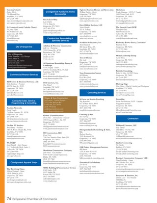 Gateway Church
Robert Morris
700 Blessed Way
Southlake, TX 76092
(817) 328-1000
stacy.burnett@gatewaypeople.com
www.gatewaypeople.com
St. Francis of Assisi Catholic Church
Fr. James Flynn
861 Wildwood Lane
Grapevine, TX 76051
(817) 481-2685
jflynn@sfatx.org
www.sfatx.org
KD Factors & Financial Services, LLC
Kirby Kercheval - President
400 N. Main St., #105
Grapevine, TX 76051
(817) 328-1924
kirby@kdfactors.com
www.KDFactors.com
Acclaim Networks
David Yandry
754 Port America Pl., #150
Grapevine, TX 76051
(817) 488-1030
info@acclaimnetworks.com
www.acclaimnetworks.com
On-Site PC Services
Brian Davis - President
1205 S. White Chapel Rd., #101
Southlake, TX 76092
(817) 306-6106
brian@ospcservices.com
www.ospcservices.com
PC-HELP
James Roundy - Sales Manager
5117 Colleyville Blvd., Suite A
Colleyville, TX 76034
(817) 280-0500
support@pc-help.com
www.pc-help.com
The Revolving Closet
Melissa Harwood - Owner
120 S. Main St., #10
Grapevine, TX 76051
(817) 416-1579
revolvingcloset@mail.com
www.arevolvingcloset.webs.com
Kiss It Good Buy
Lisa Crafton
150 N. Main St.
Grapevine, TX 76051
(817) 481-9754
grapevine@kissitgoodbuy.net
www.kissitgoodbuy.net
Adolfson & Peterson Construction
Jody Lee - Marketing
1900 Firman Dr., #700
Richardson, TX 75081
(972) 387-1700
jlee@a-p.com
www.a-p.com
All American Remodeling Fence &
Landscape
Kevin Doughty - Owner
2140 E. Southlake Blvd., #L-622
Southlake, TX 76092
(817) 715-8188
kevin.allamericandfw@gmail.com
www.allamericandfw.com
D H Interiors, Inc.
Dan Howell
Southlake, TX 76092
(817) 401-3838
Dan@DHInteriorsInc.com
www.DHInteriorsInc.com
Granite Transformations
Denise Blue - Administrative Assistant
4051 Freeport Pkwy., Ste. 300
Grapevine, TX 76051
(817) 722-0090
dfw@granitetransformations.com
www.granitetransformations.com
H3 Construction, LLC
Cesar Ortiz
756 Port America Place, Suite 250
Grapevine, TX 76051
(940) 295-4488
Cesar@H3-Construction.com
H3-Construction.com
Manhattan Construction Company
John Hood - Vice President
6300 North Central Expressway
Dallas, TX 75206
(214) 357-7400
jhood@manhattanconstruction.com
www.manhattanconstruction.com
MMG Building & Construction Services
Cally Smoke - GM
6212 Anglin Dr.
Forest Hill, TX 76119
(817) 510-0490
callym@mmgbcs.com
www.mmgbcs.net
Ogletree Custom Homes and Renovation
William Ogletree - Owner
Grapevine, TX 76051
(214) 287-4630
ogletree@ogletreehomes.com
www.ogletreehomes.com
Oryx Oilfield Services, LLC
Sheree Spratlin
223 E. College
Grapevine, TX 76051
(817) 488-8990
sspratlin@oryx-us.com
www.oryx-us.com
Southern Refractories, Inc.
Mark Stanfield
880 Davis Blvd., #A
Southlake, TX 76092
(817) 379-6578
melvastanfield@aol.com
Truvail Homes
Kim Judd
Grapevine, TX 76051
(817) 203-4423
kim@truvailhomes.com
www.truvailhomes.com
Your Construction Source
Jill McIntire
P.O. Box 2509
Grapevine, TX 76099
(817) 488-8091
roy@ycsremodeling.com
www.ycsremodeling.com
A Focus on Results Coaching
Meg Rentschler
611 S Main Street, #433
Grapevine, TX 76051
(817) 410-4758
meg@afocusonresults.com
Coaching 2 Win
Kim Farbisz
Grapevine, TX 76051
(817) 846-5237
kfarbisz@verizon.net
www.coaching2win.org
Divergent Global Consulting & Sales,
Inc.
Barbara Beaubien
3520 Boxwood Dr.
Grapevine, TX 76051
(214) 886-5606
BBeaubien8@gmail.com
EJB Project Management Services
Bill Bowens
1235 S. Main St. #110
Grapevine, TX 76051
(214) 702-5510
bill.bowens@ejb-consulting.com
Executive Exit Solutions
Jack Beam
Grapevine, TX 76051
(817) 946-7249
jandmbeam4@verizon.net
www.executiveexitsolutions.com
Globaleyes
Brooke Gummow - CEO & Founder
1000 Texan Trail, #155
Grapevine, TX 76051
(817) 372-2614
brooke@getglobaleyes.com
www.getglobaleyes.com
The Growth Coach DFW
Christopher Day
6205 Westcoat Dr.
Colleyville, TX 76034
(214) 295-4288
c.day@thegrowthcoach.com
Kimberley Barber Davis, Consultant
Kimberley Davis
Grapevine, TX 76051
(817) 999-5465
kbdavis@mac.com
Merla Leadership Group
Carlos Merla
Grapevine, TX 76051
(682) 551-4020
carlos@merlaleadership.com
www.merlaleadership.com
Periodic Consulting
Becky St. John - GCISD Trustee
Grapevine, TX 76051
(817) 416-3997
jbmstjohn@mindspring.com
Thriving Edge
Steve Coxsey - Head of Coaching and Development
Southlake, TX 76092
(817) 416-8971
steve@stevecoxsey.com
www.ThrivingEdge.com
VectisOne
Elaine Free-Roberson, Ed.D - Employee
Engagement Specialist
Grapevine, TX 76051
(214) 534-1760
EFreeRoberson@VectisOne.com
www.VectisOne.com
ASDierolf Concrete, LLC
Tony Dierolf
1527 Hwy. 114, Ste. 500
Grapevine, TX 76051
(214) 797-5825
ASDierolf@yahoo.com
www.decorativeconcretetexas.com
Cuellar Contracting
Teo Cuellar
Bedford, TX 76021
(214) 878-8591
Teo@CuellarContracting.com
www.CuellarContracting.com
Rampart Construction Company, LLC
Craig Cummings - Owner
4811 Merlot Ave., #110
Grapevine, TX 76051
(817) 310-0053
ccummings@rampartconstruction.net
www.rampartconstruction.net
Structures & Interiors, Inc.
Stephen Lease - Vice President
1594 Hart St.
Southlake, TX 76092
(817) 329-4241
mlease@structures-interiors.com
www.structures-interiors.com
Draper & Sons Construction
Ian Lawson - General Manager
7212 John McCain Rd.
Colleyville, TX 76034
(214) 794-6162
ian@draperandsons.com
www.draperandsons.com
City of Grapevine
Bruno Rumbelow - City Manager
200 S. Main St.
Grapevine, TX 76051
(817) 410-3105
brumbelow@grapevinetexas.gov
www.grapevinetexas.gov
City of Grapevine
Commercial Finance Services
Computer Sales, Service,
Programming & Consulting
Consignment Apparel Shops
Consignment Furniture & Home
Accessories
Construction, Remodeling &
Specialty Services
Consulting Services
74 Grapevine Chamber of Commerce
Contractors
 