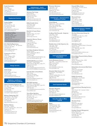 Panda Embroidery
Paul Slechta
351 E. Hudgins
Grapevine, TX 76051
(817) 488-4151
paul@pandasportswear.com
www.pandasportswear.com
Carlton Staffing
Debbie Williams
855 Texas St., Ste. 105
Fort Worth, TX 76102
(817) 268-1070
dwilliams@carltonstaffing.com
www.carltonstaffing.com
ECU Multi-Staffing Services
Barbara Dela Cruz - VP - SW Operations
Grapevine, TX 76051
(817) 899-6797
bdelacruz@ecustaffing.com
www.ecustaffing.com
Temporaries of Texas
Mike Sheils
213 W. Hudgins, #600
Grapevine, TX 76051
(817) 481-1108
tempsoftexas@yahoo.com
www.tempsoftexas.com
Ambit Energy
Kendra Wagner
Flower Mound, TX 75022
(214) 695-2992
wagnertexas@verizon.net
www.kendrawagner.joinambit.com
Adams Consulting Engineers, Inc.
Rob Adams - Exec. Vice President /Operations
910 S. Kimball
Southlake, TX 76092
(817) 328-3200
rob.adams@adams-engineering.com
www.adams-engineering.com
Kirkman Engineering, LLC
Paige Kirkman - Office Manager
4821 Merlot Ave., Ste. 210
Grapevine, TX 76051
(817) 488-4960
paige.kirkman@trustke.com
Red Seat Software
John Parady - Principal
2150 W. Northwest Hwy., #114-1154
Grapevine, TX 76051
(855) 284-5778
sales@redseatsoftware.com
www.redseatsoftware.com
Adventure Day Camps
Jennifer Patterson
Meadowmere Park
Grapevine, TX 76051
(972) 741-9169
fun@adventuredaycamps.com
www.adventuredaycamps.com
Dallas Comedy Actors
Tara DiLeva Tamer
Irving, TX 75038
(214) 505-8272
info@dallascomedyactors.com
Deal Me In! Casino Parties
Joe Oliver
Highland Village, TX 75077
(214) 277-3241
joliver11@verizon.net
Grapevine’s Runway Theatre
Dottie DiiBon
215 N. Dooley St.
Grapevine, TX 76051
(817) 488-4842
Ddiibon@aol.com
www.runwaytheatre.com
Las Colinas Symphony Orchestra
Deborah Hawkins
4322 N. Beltline Rd. #B114
Irving, TX 75038
(972) 252-4800
execdirector@LasColinasSymphony.org
www.LasColinasSymphony.org
LEGOLAND Discovery Center
Iain Scouller - General Manager
3000 Grapevine Mills Pkwy., Suite 519
Grapevine, TX 76051
(469) 444-3050
iain.scouller@merlinentertainments.biz
www.LEGOLANDdiscoverycenter.com
Lone Star Park at Grand Prairie
Paula Newman
1000 Lone Star Pkwy.
Grand Prairie, TX 75050
(972) 263-7223
paula.newman@lonestarpark.com
www.lonestarpark.com
SEA LIFE Aquarium
Iain Scouller - General Manager
3000 Grapevine Mills Pkwy., Suite 525
Grapevine, TX 76051
(469) 444-3050
iain.scouller@merlinentertainments.biz
www.sealifeus.com
Texas Motor Speedway
Brenna Buller - Promotions Manager
3601 Hwy. 114
Fort Worth, TX 76177
(817) 215-8500
bbuller@texasmotorspeedway.com
www.TexasMotorSpeedway.com
Waterway Adventures
Adina Ritter - Sales
2500 Fairway Dr.
Grapevine, TX 76051
(817) 251-2628
aritter@marinasintl.com
www.waterwayadventures.com
Circle R Ranch
Robyn Lacasse - Sales & Marketing
5901 Cross Timbers Rd.
Flower Mound, TX 75022
(817) 430-1561
robynlacasse@circlerranch.org
www.circlerranch.org
La Buena Vida Vineyards - Grapevine
Gina Puente - Owner
416 E. College St.
Grapevine, TX 76051
(817) 481-9463
aleone@puenteinc.com
www.labuenavida.com
Paradise Cove at Lake Grapevine, Inc.
Tina Nealy - Owner
3029 Midway Rd.
Southlake, TX 76092
(817) 329-1668
weddings@paradisecovetx.com
www.paradisecovetx.com
Access Destination Services
Patty Phelps - Vice President of Global Sales
8888 Govenors Row
Dallas, TX 75247
(214) 350-6282
patty.phelps@accessdmc.com
www.accessdmc.com
Memories Made Events, LLC
Lisa Robinson - Event Producer
PMB 214
2225 W. Southlake Blvd., Ste. 423
Southlake, TX 76092
(888) 479-4745
info@memoriesmadeevents.com
www.memoriesmadeevents.com
Metroplex Margaritas
John Norgart - Owner
Grapevine, TX 76051
(817) 488-2727
metroplexmargaritas1@gmail.com
metroplexmargaritas.com
Regus
Mandi Whisenand - GM
1452 Hughes Rd., #200
Grapevine, TX 76051
(817) 873-5000
melinda.finks@regus.com
www.regus.com
Vineyard Office Center
Linda Steinhaus - Executive Director
1111 S. Main St.
Grapevine, TX 76051
(817) 865-5000
linda@grapevinesuites.com
www.grapevinesuites.com
Westwood Centre
Debbie Hobbs - VP
611 S. Main St., #400
Grapevine, TX 76051
(817) 410-4600
debbie.hobbs@att.net
www.westwoodcentre.com
The Asset Preservation Group, Inc.
Steve Jenkins
2750 William D. Tate Ave., #100
Grapevine, TX 76051
(817) 251-1008
steve@apgmsh.com
www.apgmsh.com
AXA Advisors, LLC
Greg Krewson - Financial Planner & Retirement
Planning Specialist
12377 Merit Dr., Suite 1500
Dallas, TX 75251
(972) 455-9063
gregory.krewson@axa-advisors.com
www.gregkrewson.com
Edward Jones Financial Advisor Monica
Storm, CFP®
Monica Storm
1400 W. Northwest Hwy., #220
Grapevine, TX 76051
(817) 424-5144
www.edwardjones.com
Edward Jones Investments/Brad Storm
Brad Storm
1000 Texan Trail, #260
Grapevine, TX 76051
(817) 442-0470
www.edwardjones.com
Fidelity Investments
Clint Brandner - Vice President
2250 William D. Tate
Grapevine, TX 76051
(817) 474-7613
clint.brandner@fmr.com
www.fidelity.com
Financial & Estate Planning Services,
LLC
Tena J. Burrell, IAR - Investment Advisor
Representative
P.O. Box 2074
Grapevine, TX 76099
(817) 424-5721
financialservices@verizon.net
www.tenaburrell.com
The Gatts Group
Jason Gatts
2304 Forest Hills Road
Grapevine, TX 76051
(817) 410-9977
jason.gatts@lpl.com
Guardian Financial Management
Janette Minasian Pires
1422 W. Main St., Ste. 107
Lewisville, TX 75067
(972) 996-7858
piresgfm@gmail.com
The Vineyards Campground & Cabins
Randy Sell - Recreation/Aquatics Supervisor
1501 N. Dooley St.
Grapevine, TX 76051
(817) 329-8993
rsell@grapevinetexas.gov
www.vineyardscampground.com
CornerStone Staffing
Jody Smith - Owner
2305 Mustang Dr., #100
Grapevine, TX 76051
(817) 358-1719
jodys@cornerstonestaffing.com
www.cornerstonestaffing.com
Employment Services
Energy Services
Engineers, Architects &
Environmental Consultants
Entertainment - Events,
Recreation & Related Services
Entertainment - Special Events &
Conference Centers
Event and Entertainment
Productions
Event Equipment Rental
Executive Suites & Office
Leasing
Financial Advisors & Related
Services
76 Grapevine Chamber of Commerce
 