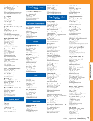 Heritage Financial Planning
Steve Blankenship, CFP
4851 Merlot Ave., #520
Grapevine, TX 76051
(817) 410-2500
Steve@HeritageFinancialPlanning.com
www.HeritageFinancialPlanning.com
LPL Financial
Janice Lasley
99 Trophy Club
Trophy Club, TX 76262
(254) 644-5988
janice.lasley@lpl.com
www.360wm.net
MassMutual North Texas Financial
Group
Cindy Knight
550 Bailey Avenue, Ste. 750
Fort Worth, TX 76107
(972) 345-6600
cynthiaknight@financialguide.com
www.financialguide.com/Cindy-Knight
Merrill Lynch/Louie Sullins
Louie Sullins
286 Grand Ave., #200
Southlake, TX 76092
(817) 410-3815
louie_sullins@ml.com
www.fa.ml.com/Winter_Taylor
Nexus Advisors, LLC
Judy Sherman
1111 S. Main St., #120
Grapevine, TX 76051
(817) 865-5030
jssherman@finsvcs.com
www.nexusadvisorsllc.com
Primerica Financial Services
Carolyn Ezell
2701 Brown Trail, #303
Bedford, TX 76021
(254) 423-6920
carolynpfs@yahoo.com
Quinn Wealth Management, LLC
Garry Quinn - President
546 Silicon Dr., Suite 102
Southlake, TX 76092
(817) 380-5400
g.quinn@gquinncpa.com
www.gquinncpa.com
Waddell & Reed
Raymond Till - Financial Advisor
1050 E. State Highway 114, Ste. 250
Southlake, TX 76092
(817) 310-5545
rtill@wradvisors.com
Waterworth Wealth Advisors, LLC
Jeffrey Lambeth
950 E. Hwy. 114, #105
Southlake, TX 76092
(817) 718-4367
Jeff@Waterworthwa.com
www.waterworthwa.com
Cash Store
David Sung
1527 Highway 114 #600
Grapevine, TX 76051
(817) 421-8158
www.cashstore.com/local/
payday-loans-grapevine-tx
Reaction Fitness & Self Defense
Marissa Stewart - Manager
445 E. Northwest Hwy.
Grapevine, TX 76051
(817) 888-1692
reactionfitnessbjj@gmail.com
www.alphareaction.com
ARI - Automotive Resources
International
Marc Villalobos - Asst Mgr. Grapevine Technical
Resource Center
2550 SW Grapevine Pkwy.
Grapevine, TX 76051
(817) 251-4425
mvillalobos@arifleet.com
www.arifleet.com
Flooring Inspirations, LLC
Susan Moody
321 E Northwest Hwy.
Grapevine, TX 76051
(817) 479-9823
s_d_moody@hotmail.com
Merit Floors
Cindy Larned - Sales Manager/Partner
1001 W. Northwest Hwy., #A
Grapevine, TX 76051
(817) 550-7994
cindy@meritfloorstx.com
www.meritfloorstx.com
Tim Hogan’s Carpets
George Brenner - Manager
312 S. Main St.
Grapevine, TX 76051
(817) 481-8950
tonybrenner@msn.com
City Florist
Dawn Owens - Owner
430 S. Main St.
Grapevine, TX 76051
(817) 481-1539
cityflor@aol.com
www.grapevineflorist.com
Devin Designs Florist
Darla Denton - Owner
457 E. Northwest Hwy.
Grapevine, TX 76051
(817) 481-7818
devindesigns@verizon.net
devindesignsflowers.com
Fork That Foods, Inc.
Sherry White
Trophy Club, TX 76262
(954) 856-7335
sherry@forkthatfoods.com
www.forkthatfoods.com
RE:defined Coffee House
Cat Blom - Partner
220 N. Main St.
Grapevine, TX 76051
(817) 488-2828
cat@redefinedcoffeehouse.com
www.redefinedcoffeehouse.com
1Trade Logistics
Aida Medina - Operations
512 E. Dallas Rd., #200
Grapevine, TX 76051
(817) 310-0222
management@1tradelogistics.com
www.1tradelogistics.com
Aerostar Global Logistics and
Operations, Inc.
Serge Bernard - Sr. VP of International Services
9500 N. Royal Ln., Ste. 170
Irving, TX 75063
(877) 245-1100
info-dfw@aerostarglobal.com
www.aerostarglobal.com
AIT Worldwide
Sheri Matson
601 Westport Pkwy., #1601
Grapevine, TX 76051
(817) 481-4535
smatson@aitworldwide.com
www.aitworldwide.com
Aries Freight Systems
Gary Gilbert - International Mgr.
751 Port America Place, #425
Grapevine, TX 76051
(817) 424-3110
ggilbert@ariesfreight.com
C & H Logistics, Inc.
Craig Cherrett
P.O. Box 1599
Grapevine, TX 76099
(817) 329-9474
craigc@chlogistics.net
www.chlogistics.net
ClearFreight Inc.
Sonya Campbell - Air Export Supervisor
801 Hanover Dr., #150-B
Grapevine, TX 76051
(817) 421-2849
sonya@clearfreight.com
www.clearfreight.com
Dachser Transport of America
David McLeod - Branch Manager
801 Hanover Dr., #200
Grapevine, TX 76051
(817) 488-8883
gabriel.benedetti@dachser.us
www.dachser.us
DJS International Services, Inc.
Paul Sekin - Vice President, Sales & Marketing
4215 Gateway Dr., #100
Colleyville, TX 76034
(972) 929-8433
paul.sekin@djsintl.com
www.DJSINTL.com
Dove Logistics & Transportation, LLC
Michael Thomas
1732 Minters Chapel, #100
Grapevine, TX 76051
(817) 329-5811
m.thomas@dovelogistics.com
www.dovelogistics.com
DSV Air & Sea Inc.
Rene Harboe
1300 Minters Chapel, #100
Grapevine, TX 76051
(817) 424-5111
rene.harboe@us.dsv.com
www.DSV.com/us
Dynasty Group Dallas, LLC
James Chiang
751 Port America Place, #600
Grapevine, TX 76051
(817) 421-5888
james.chiang@dynastydfw.com
www.dynastyusagroup.com
EMO Trans, Inc.
Eve Macella - Office Manager
755 Port America Pl., #343
Grapevine, TX 76051
(817) 481-8885
Eve.Macella@emotrans.com
www.emotrans.com
Expeditors International
Lorri Singleton - Branch Compliance Manager
506 E Dallas Rd., #400
Grapevine, TX 76051
(817) 305-4000
lorri.singleton@expeditorsinternational.com
Headwin International Logistics
Raymond Counter - Managing Director
756 Port America Pl., Ste. 815
Grapevine, TX 76051
(817) 916-8620
raymond.counter@headwin-intl.com
www.headwin.com
Land Air Express (Kafco), Inc.
James Burleson
1061 E. Northwest Hwy., #100
Grapevine, TX 76051
(817) 481-5858
james@landairexpress.com
www.landairexpress.com
M & M X-Press Service, Ltd.
Ed Stone - Owner
4109 Gateway Ct., #100
Colleyville, TX 76034
(817) 424-0225
ed@mmxpressinc.com
MOL Logistics (USA) Inc.
Yoshitaka Takahashi - Branch Manager
750 Port America Pl., #300
Grapevine, TX 76051
(817) 481-9591
mlgdfw@mol-logistics.com
www.mol-logistics.com
Morrison Express Corporation
Saeed Ayoubi - District Mgr.
8101 Tristar Dr., #100
Irving, TX 75063
(972) 871-9222
Saeed_Ayoubi@MorrisonExpress.com
www.MorrisonExpress.com
Tigers (USA) Global Logistics, Inc.
Philip Dugan
2710 Regency Dr., #200
Grand Prairie, TX 75050
(214) 204-4600
Philip.Dugan@go2tigers.com
www.go2tigers.com
Titan Services
Doug Krawczynski - General Manager
755 Port America Pl., #330
Grapevine, TX 76051
(817) 552-8000
kenk@titanservices.net
www.titanservices.com
Financial Services
Fitness Programs & Personal
Training
Fleet Leasing and Management
Flooring
Florists
Food Services
Freight Forwarders & Delivery
Services
CATEGORICALLISTING
www.GrapevineChamber.org 77
 