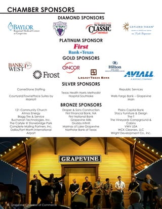 DIAMOND SPONSORS
CornerStone Staffing
Courtyard/TownePlace Suites by
Marriott
Texas Health Harris Methodist
Hospital Southlake
Republic Services
Wells Fargo Bank – Grapevine
Main
121 Community Church
Atmos Energy
Blagg Tire & Service
Buchanan Technologies, Inc.
The Carlyle @ Stonebridge Park
Complete Mailing Partners, Inc.
Dallas/Fort Worth International
Airport
Draper & Sons Construction
First Financial Bank, NA
First National Bank
Grapevine Mills
Grubbs Infiniti
Marinas of Lake Grapevine
Northstar Bank of Texas
Plains Capital Bank
Stacy Furniture & Design
The T
The Vineyards Campground &
Cabins
VWV USA
WCK Cleaners, LLC
Wright Development Co., Inc.
GOLD SPONSORS
SILVER SPONSORS
BRONZE SPONSORS
6 Grapevine Chamber of Commerce
CHAMBER SPONSORS
PLATINUM SPONSOR
 