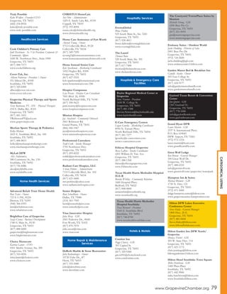 Truly Possible
Kalee Wulfers - Founder/CEO
Grapevine, TX 76051
(682) 234-8924
kalee@truly-possible.com
www.truly-possible.com
Cook Children’s Primary Care
Judi Hershman - Sr. Vice President, Corporate &
Community Affairs
1600 W. Northwest Hwy., Suite 1900
Grapevine, TX 76051
(817) 488-7573
www.cookchildrens.org
Cover-Tek, Inc.
Allison Patterson - President / Owner
551 Silicon Dr., #100
Southlake, TX 76092
(817) 329-6900
allison@cover-tek.com
www.cover-tek.com
Grapevine Physical Therapy and Sports
Medicine
Terry Robinson, PT, ATC - Physical Therapist
218 E. Dallas Rd., #101
Grapevine, TX 76051
(817) 481-3451
TRobinsonPT@aol.com
www.grapevinept.com
Meehan Sports Therapy & Pediatrics
Kelley Meehan
2425 E. Southlake Blvd., Ste. 100
Southlake, TX 76092
(817) 488-8833
kelley@meehansportstherapy.com
www.meehansportstherapy.com
MyLab DFW
Alex Stefanowicz
580 Commerce St., Ste. 150
Southlake, TX 76092
(817) 756-8486
alex@mylabdfw.com
www.mylabdfw.com
Advanced Rehab Trust Home Health
Ron Tester - Owner
723 S. I-35E, #224
Denton, TX 76205
(940) 384-0393
kim@rehabtrust.com
www.rehabtrust.com
BrightStar Care of Grapevine
Suzie Craney - Business Development
1340 S. Main St., #130
Grapevine, TX 76051
(817) 488-6600
grapevine@brightstarcare.com
www.brightstarcare.com
Choice Homecare
Katrina Lanier - COO
4501 Merlot Avenue, Ste. 200
Grapevine, TX 76051
(817) 310-0056
trina.lanier@choicetx.com
www.choicetx.com
CHRISTUS HomeCare
Sue Otto - Administrator
1205 E. Sandy Lake Rd., #330
Coppell, TX 75019
(972) 393-8094
susan.otto@christushealth.org
www.christushealth.org
Home Care Assistance of Fort Worth
Alistair Young - Owner
5712 Colleyville Blvd., #120
Colleyville, TX 76034
(817) 349-7599
ayoung1@homecareassistance.com
www.homecareassistancefortworth.com
Home Instead Senior Care
Kyle Sparkman - Marketing Coordinator
1452 Hughes Rd., #200
Grapevine, TX 76051
(817) 427-5555
kyle.sparkman@homeinstead.com
www.homeinstead.com/246
Hospice Compassus
Lisa Pesata - Hospice Care Consultant
7001 Blvd. 26, #500
North Richland Hills, TX 76180
(817) 590-9623
patti.murray@hospicecom.com
www.hospicecompassus.com
Mission Hospice
Jay Analvitch - Community Outreach
2461 Robinson Rd.
Grand Prairie, TX 75051
(866) 446-1067
jaya@missionhospicetx.com
www.missionhospicetexas.com
Professional Caretakers
Todd Cook - Intake Manager
1705 Northwest Hwy.
Grapevine, TX 76051
(817) 203-8222
toddc@professionalcaretakers.com
www.professionalcaretakers.com
Radiant Care Hospice, LLC
Vivian Poblete - Administrator
7155 Colleyville Blvd., Ste. 102
Colleyville, TX 76034
(817) 421-4400
mrs.poblete@yahoo.com
www.radiantcarehospice.com
Senior Helpers
Bent Schoellhorn - Owner
Dallas, TX 75080
(214) 361-7943
bent@seniorhelpers.com
www.seniorhelpers.com
Vitas Innovative Hospice
John Mezo - GM
2501 Parkview Dr., #600
Fort Worth, TX 76102
(817) 870-7070
julie.sweat@vitas.com
www.vitas.com
DeRoth Marble & Stone Restoration
John Rothenberger - Owner
10720 Tube Dr., #7
Hurst, TX 76053
(817) 355-5080
john@derothinc.com
www.derothinc.com
EventaGlobal
Bruce Dalton
925 South Main St., Ste. 3241
Grapevine, TX 76051
(817) 928-4811
bruce.dalton@eventaglobal.com
www.eventaglobal.com
The Laurel
Thomas Bain
520 South Main, Ste. 301
Grapevine, TX 76051
(817) 617-7400
thomas@thelaureltexas.com
www.thelaureltexas.com
E-Care Emergency Centers
Logan Gourley - Marketing Coordinator
8950 N. Tarrant Pkwy.
North Richland Hills, TX 76054
(817) 281-7277
lgourley@e-carecenters.com
www.e-carecenters.com
Ethicus Hospital Grapevine
Becca LaRue - Intake Coordinator
4201 William D. Tate Ave.
Grapevine, TX 76051
(817) 288-1300
rlarue@ethicusgrapevine.com
www.Ethicushc.com
Texas Health Harris Methodist Hospital
H-E-B
Brenda Whitley - Community Relations
1600 Hospital Pkwy.
Bedford, TX 76022
(817) 848-4000
annariehm@texashealth.org
www.texashealth.org
Comfort Inn
Peggy Chavez - GM
301 Capitol St.
Grapevine, TX 76051
(817) 329-9300
gm.txf41@choicehotels.com
www.comfortinn.com
Embassy Suites - Outdoor World
Jacki Dudding - Director of Sales
2401 Bass Pro Dr.
Grapevine, TX 76051
(972) 724-2600
jacki.dudding@jqh.com
www.embassysuites3.hilton.com
Garden Manor Bed & Breakfast Inn
Camille Austin - Owner
205 East College St.
Grapevine, TX 76051
(817) 424-9177
info@gardenmanorbandb.com
www.gardenmanorbandb.com
Grand Hyatt DFW
Lance Marrin - GM
2337 S. International Pkwy.
P.O. Box 619045
DFW Airport, TX 75261
(972) 973-1234
lance.marrin@hyatt.com
www.grandhyattdfw.com
Great Wolf Lodge
Ken Broom - General Manager
100 Great Wolf Dr.
Grapevine, TX 76051
(817) 488-6510
info@greatwolf.com
www.greatwolf.com/grapevine/waterpark
Hampton Inn & Suites
Michael Brumels - GM
1750 N. Hwy. 121
Grapevine, TX 76051
(972) 471-5000
dalgp.hampton.suites@hilton.com
www.grapevinesuites.hamptoninn.com
Hilton Garden Inn DFW North/
Grapevine
Monica Trichel - GM
205 W. State Hwy. 114
Grapevine, TX 76051
(817) 421-1172
chris.jennings@hilton.com
hiltongardeninn3.hilton.com
Hilton Hotel Southlake Town Square
Mike Hutchison - GM
1400 Plaza Place
Southlake, TX 76092
(817) 442-9900
mike.hutchison@hilton.com
www.SouthlakeHilton.com
Baylor Regional Medical Center at
Grapevine
Steve Newton - President
1650 W. College St.
Grapevine, TX 76051
(817) 481-1588
Steven.Newton@baylorhealth.edu
www.baylorhealth.com
Gaylord Texan Resort & Convention
Center
Jim Quinn - GM
1501 Gaylord Tr.
Grapevine, TX 76051
(817) 778-1000
info@gaylordhotels.com
www.gaylordtexan.com
The Courtyard/TownePlace Suites by
Marriott
Michelle Strong - GM
2200 Bass Pro Ct.
Grapevine, TX 76051
(817) 251-9095
gm@marriottgrapevine.com
www.marriottgrapevine.com
Hilton DFW Lakes Executive
Conference Center
Steve Haley - General Manager
1800 Hwy. 26 E.
Grapevine, TX 76051
(817) 481-8444
Steve.Haley@hilton.com
www.hiltondfwlakesecc.com
Texas Health Harris Methodist
Hospital Southlake
Traci Bernard - President
1545 E. Southlake Blvd.
Southlake, TX 76092
(817) 748-8700
www.texashealthsouthlake.com
Healthcare Services
Home Health Services
Home Repair & Maintenance
Services
Hospitality Services
Hospitals & Emergency Care
Facilities
Hotels & Motels
CATEGORICALLISTING
www.GrapevineChamber.org 79
 