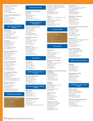 Northwest Crossing Center
Marcus Wayland
431 E. Northwest Hwy.
Grapevine, TX 76051
(817) 481-8843
madaway2000@yahoo.com
Northwest Plaza Shopping Center
Brad Raitz
1601 W. Northwest Hwy.
Grapevine, TX 76051
(817) 329-2124
brad@rbrsystems.us
www.nwplaza.net
Design Werks
Luke Nicodemus - Owner
725 Commerce St., #120
Southlake, TX 76092
(817) 421-9422
jimmy@designwerksonline.com
www.designwerksonline.com
GI Graphics
Andrew Kimbrell - Manager
880 Mustang Drive
Grapevine, TX 76051
(817) 310-3237
akimbrell@goodwillfw.org
www.gigraphics.org
High Value Signs & Studio
Myra Brown - President
8409 Sterling St., Suite B
Irving, TX 75063
(972) 915-6970
info@highvaluesigns.com
www.highvaluesigns.com
Impact Signs & Graphics
Joan Rawson - Owner
541 Industrial Blvd., Ste. A
Grapevine, TX 76051
(817) 329-3491
joan@impactsigns6.com
www.impactsigns6.com
Priority Signs and Graphics
Curt Horak - Owner
2838 Market Loop, #104
Southlake, TX 76092
(817) 260-0700
info@prioritysignsandgraphics.com
www.prioritysignsandgraphics.com
Signarama - Grapevine
Brad Kuhne - Owner
151 S. Dooley, Suite 101
Grapevine, TX 76051
(817) 421-0805
sales@signarama-grapevine.com
www.signarama-grapevine.com
Mary Kay Ind. Dir. and Beauty
Consultant
Debra Fantz
Grapevine, TX 76051
(682) 465-4468
debfantz@aol.com
www.marykay.com/debrafantz
Grapevine StorageHouse, Ltd.
Tony Scarton - Owner
401 N. Scribner St.
Grapevine, TX 76051
(817) 488-8181
alpine25@earthlink.net
www.grapevinestorage.com
Hall’s Dry Storage, Inc.
Gayle Hall
2585 Lonesome Dove Rd.
Grapevine, TX 76051
(817) 481-9049
ghranch@verizon.net
Dragon Storage
Ryan Dorety - General Manager
950 S. Kimball Ave.
Southlake, TX 76092
(817) 727-9965
ryandorety@me.com
www.dragonstorage.com
Tom Thumb
Steve Smith - GM
302 S. Park Blvd.
Grapevine, TX 76051
(817) 481-5669
www.tomthumb.com
Classic Tile & Plaster, Inc.
Bart Adams - Owner
340 W. Northwest Hwy.
Grapevine, TX 76051
(817) 481-4527
www.classictileplaster.com
RWP Services
Rick Pevehouse
Grapevine, TX 76051
(817) 874-6864
res18enx@verizon.net
The Telephone Connection
Mike Morris - VP/Owner
P.O. Box 907
Grapevine, TX 76099
(817) 329-1850
mbmorris@thetelephoneconnection.com
Time Warner Cable Business Class
Tekla Kurek - Strategic Account Manager II
750 Canyon Dr., #500
Coppell, TX 75019
(469) 464-4905
Tekla.Kurek@twcable.com
www.twcbc.com/texas
Verizon
Barbara Walker - Verizon Director - External
Affairs
600 Hidden Ridge, HQE02E71
Irving, TX 75038
(972) 718-2979
barbara.walker@verizon.com
www.verizon.com
Chicago Title
Ed Cox
1300 Norwood Dr., Ste. 100
Bedford, TX 76022
(817) 788-2300
ed@edcoxlaw.com
www.edcoxlaw.chicagotitle.html
Chicago Title - Reid PLLC
Rusty Reid
270 N Denton Tap Rd., #120
Coppell, TX 75019
(972) 462-1800
rreid@cttdfw.com
www.cttdfw.com
Christopher J. Everett, P.C./Providence
Title Closing
Christopher Everett
312 W. Northwest Hwy.
Grapevine, TX 76051
(817) 676-3697
chris@cjeverettlaw.com
www.cjeverettlaw.com
DFW Title
Blake Pettigrew
9500 Ray White Rd., Ste. 200
Keller, TX 76244
(817) 591-1188
bpettigrew@dfw-title.com
dfw-title.com
Federal Title, Inc.
Bill Tate
1200 S. Main St.
Grapevine, TX 76051
(817) 488-6591
wdtate@verizon.net
Fidelity National Title
Stephanie Kleam - Vice President
850 E State Hwy., #200
Southlake, TX 76092
(817) 442-1111
skleam@fidelity-usa.com
www.fidelity-usa.com
Heartland Title
Danielle Swieter - VP-Business Development
211 E. Southlake Blvd., Ste. 180
Southlake, TX 76092
(817) 840-7462
danielle@heartlandtitle.us
www.heartlandtitle.us
Hexter-Fair First American
Lori McDaniel
601 E. Southlake Blvd.
Southlake, TX 76092
(817) 481-7710
lorikolbye@firstam.com
www.hexter-fair.com
Kocian Law Firm, P.C./Providence Title
Closing Office
Greg Kocian - Attorney
611 S Main St, Ste. 400
Grapevine, TX 76051
(817) 748-4853
gkocian@kocian-law.com
www.Kocian-Law.com
Providence Title
Jennifer Woodson - Branch Manager/Escrow Officer
600 W. Southlake Blvd., #120
Southlake, TX 76092
(817) 251-3250
jlwoodson@protitletx.com
www.protitletx.com
Stewart Title Company
Candice Carroll - Branch Manager
2777 E. Southlake Blvd., #180
Southlake, TX 76092
(817) 481-5856
jared.holcomb@stewart.com
www.stewart.com/dfw
HerCoach
Mary Murphy
Colleyville, TX 76034
(978) 518-6890
mary@hercoach.com
www.hercoach.com
Peak Performance Group
Rick Kolster - Owner
300 State St., Ste. 92891
Southlake, TX 76092
(817) 748-7425
rick@coachrick.net
www.coachrickkolster.com
AJL International
Matthew Johnston - Owner
1930 W Airfield Dr., #D500
D/FW Airport, TX 75261
(817) 568-2942
matt@ajlinternational.com
www.ajlinternational.com
Janicek & Associates Transportation
Steve Janicek - Vice President
Grapevine, TX 76051
(682) 888-6506
swjanicek@aol.com
www.janicekandassociates.com
Blagg Tire & Service
Perry Leonard - President / COO
604 S. Main St.
Grapevine, TX 76051
(817) 481-4578
pleonard@carconceptsinc.com
www.blaggtire.com
The Carlyle @ Stonebridge Park
Jessica Reid - Regional Director
170 Stonebridge Lane
Southlake, TX 76092
(817) 431-5778
tshelton@cantexcc.com
www.cantexsc.com
Signs, Banners & Related
Services
Skilled Nursing and Rehab
Skin Care & Cosmetics
Storage-Household &
Commercial
Supermarkets
Swimming Pool Contractors &
Services
Telecommunications & Related
Services
Tire Sales & Repair
Title Companies
90 Grapevine Chamber of Commerce
Training & Client Development
Transportation - Limos, Buses &
Shuttles
 