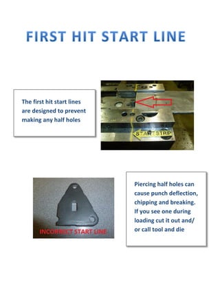 The first hit start lines
are designed to prevent
making any half holes
Piercing half holes can
cause punch deflection,
chipping and breaking.
If you see one during
loading cut it out and/
or call tool and die
 