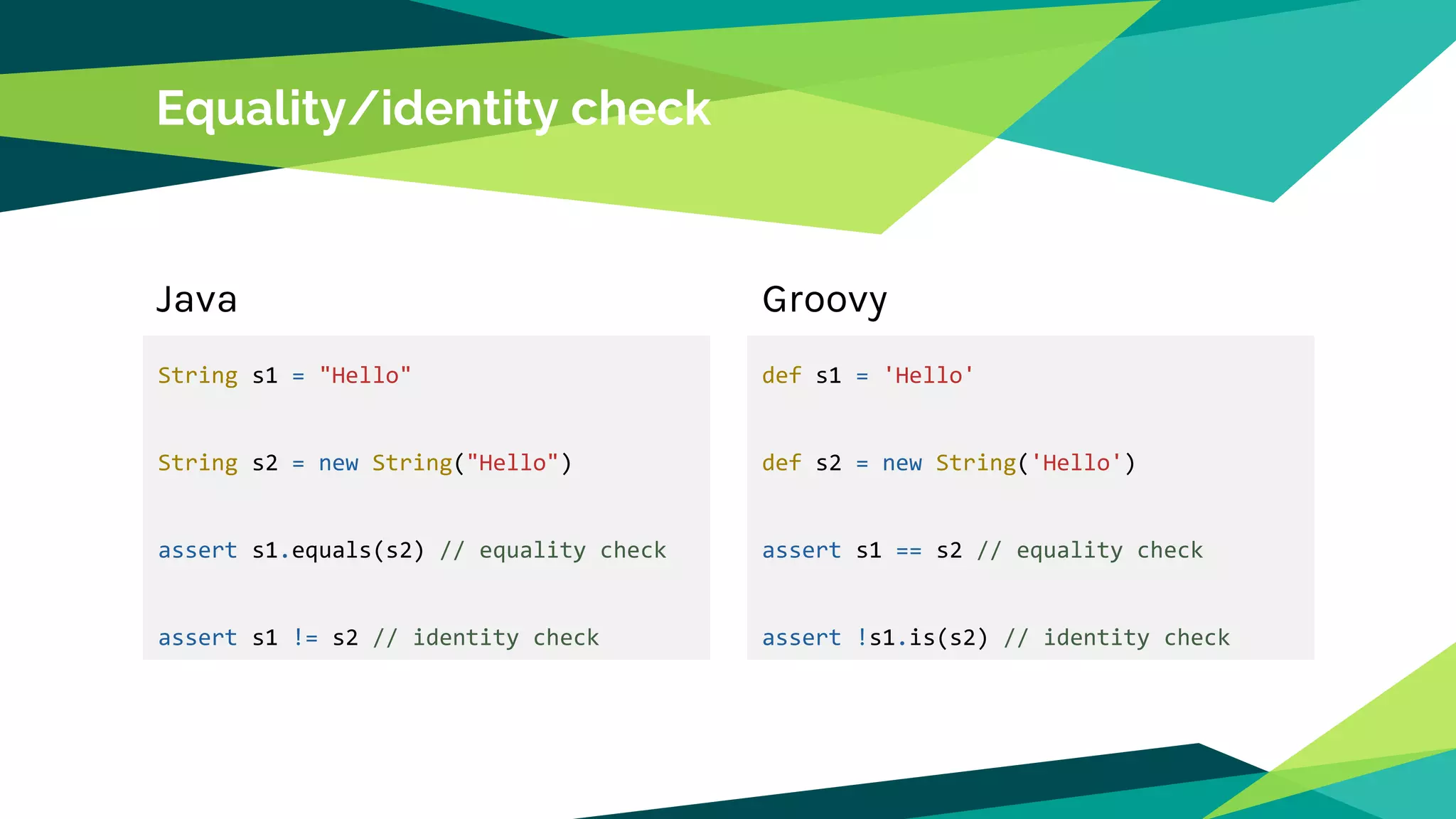 Equality/identity check
String s1 = "Hello"
String s2 = new String("Hello")
assert s1.equals(s2) // equality check
assert s1 != s2 // identity check
Java Groovy
def s1 = 'Hello'
def s2 = new String('Hello')
assert s1 == s2 // equality check
assert !s1.is(s2) // identity check
 