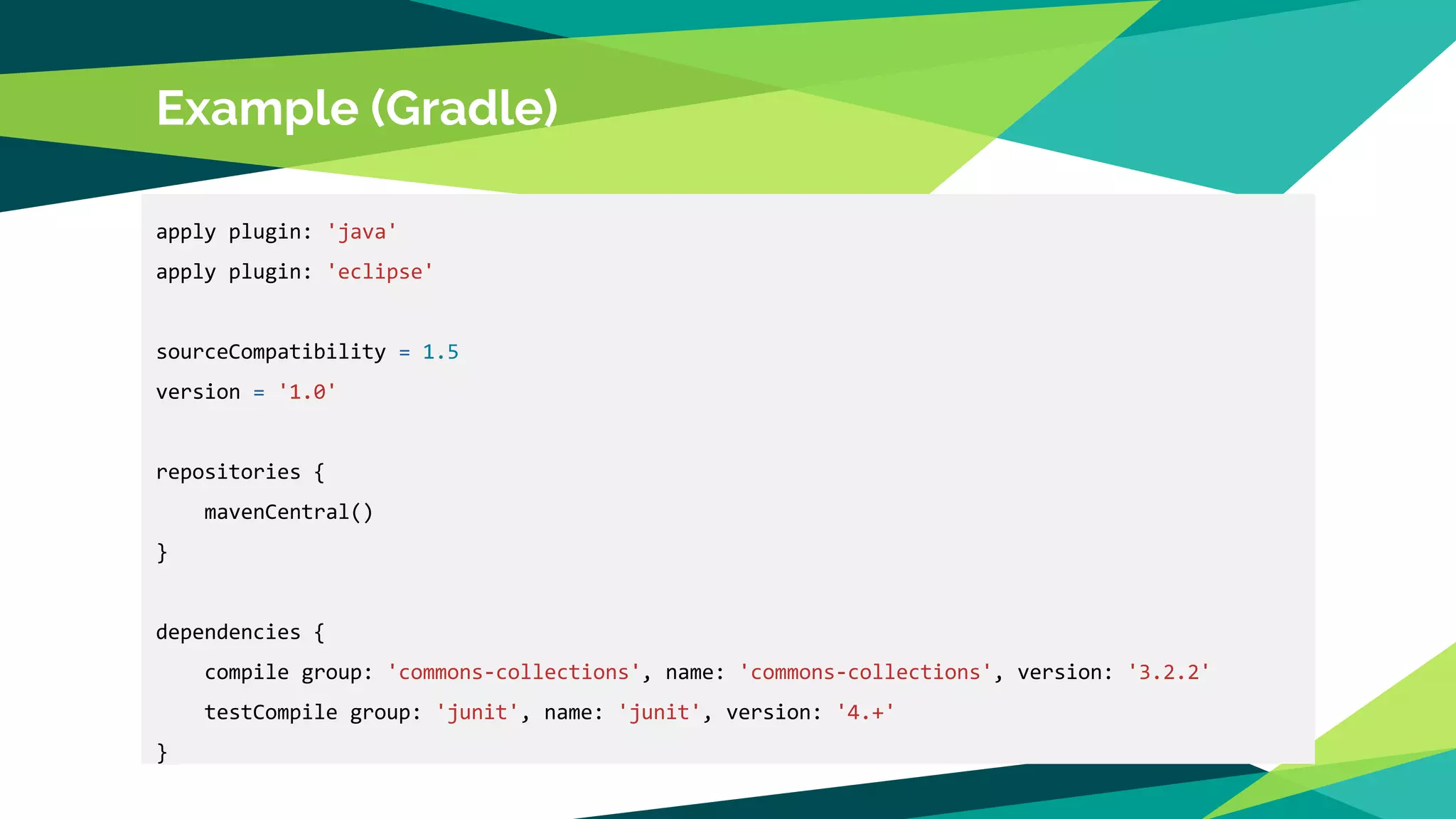 Example (Gradle)
apply plugin: 'java'
apply plugin: 'eclipse'
sourceCompatibility = 1.5
version = '1.0'
repositories {
mavenCentral()
}
dependencies {
compile group: 'commons-collections', name: 'commons-collections', version: '3.2.2'
testCompile group: 'junit', name: 'junit', version: '4.+'
}
 