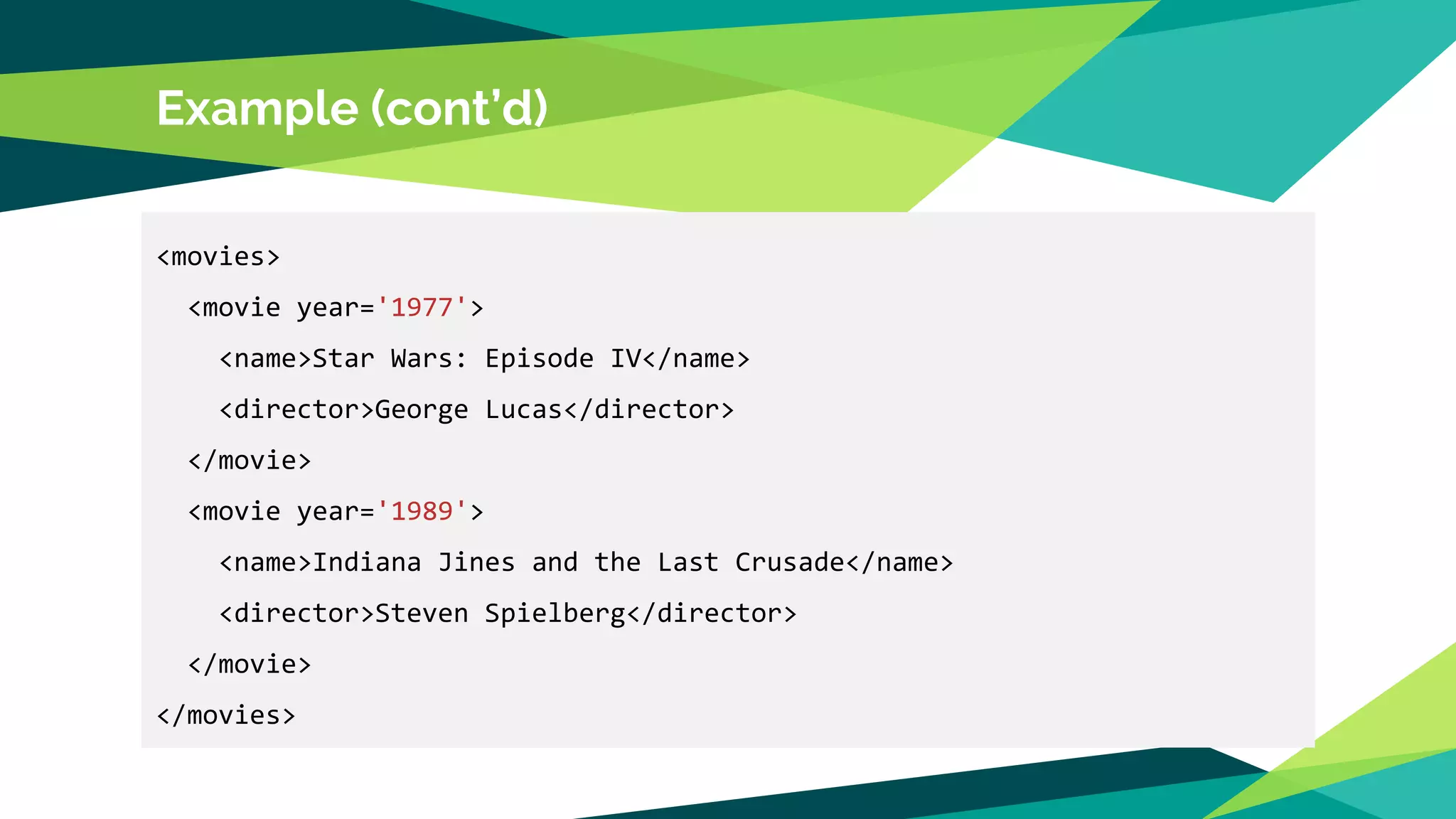 Example (cont’d)
<movies>
<movie year='1977'>
<name>Star Wars: Episode IV</name>
<director>George Lucas</director>
</movie>
<movie year='1989'>
<name>Indiana Jines and the Last Crusade</name>
<director>Steven Spielberg</director>
</movie>
</movies>
 