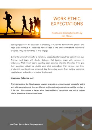 11Law Firm Associate Development
Setting expectations for associates is extremely useful in the developmental process and
helps avoid burnout. If associates have an idea of the time commitment required to
progress,  they are more likely to fully engage. 
Similar to runners training for a marathon,  associates starting out too fast will burn out.
Training must begin with shorter distances that become longer with increases in
endurance. What initially seems daunting soon becomes tolerable. When law firms give
their associates robust but doable work ethic expectations that increase over time,
productivity and loyalty are enhanced. Law firms also benefit from building economic
models based on long-term associate development.
 
WORK ETHIC
EXPECTATIONS
Associate Contributions: By
the Hours
Infographic (Following page)
The infographic on the following page provides a sample of a recommended process for setting
work ethic expectations. All firms are different, and the indicated expectations would be modified to
fit the role. For example, a lawyer with a heavy publishing commitment may have a reduced
billable goal or use time from other areas.
 