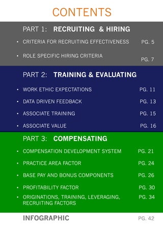 CONTENTS
PART 1: RECRUITING & HIRING
PART 2: TRAINING & EVALUATING
PART 3: COMPENSATING
PG. 5• CRITERIA FOR RECRUITING EFFECTIVENESS
• ROLE SPECIFIC HIRING CRITERIA
PG. 7
• COMPENSATION DEVELOPMENT SYSTEM PG. 21
• PRACTICE AREA FACTOR PG. 24
• BASE PAY AND BONUS COMPONENTS PG. 26
• PROFITABILITY FACTOR PG. 30
• ORIGINATIONS, TRAINING, LEVERAGING, PG. 34
RECRUITING FACTORS
• WORK ETHIC EXPECTATIONS PG. 11
• DATA DRIVEN FEEDBACK PG. 13
• ASSOCIATE TRAINING PG. 15
• ASSOCIATE VALUE PG. 16
PINFOGRAPHIC PG. 42
 