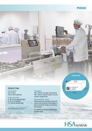 11
Print position
Print on back
Print on front (optional)
Carton size (max)
A: 40-210 mm (leading edge)
B: 10-75 mm (height)
C: x-150 mm (printed side)
Throughput
3001
units/min (average sized product)
4801
units/min (special product size and
machine configuration)
Precise position control
Synchronized top and bottom belts and
sensors ensure that the exact position is
known during the carton's travel along
the conveyor.
If a carton is incorrectly positioned, the
conveyor stops.
PRODUCTION
1) The actual throughput is dependent on the distance between
products, and surface, stability and rigidity of the carton.
10-75mm
x-150 mm
CARTON SIZE
40-210 mm
Running
direction
PV650C
 