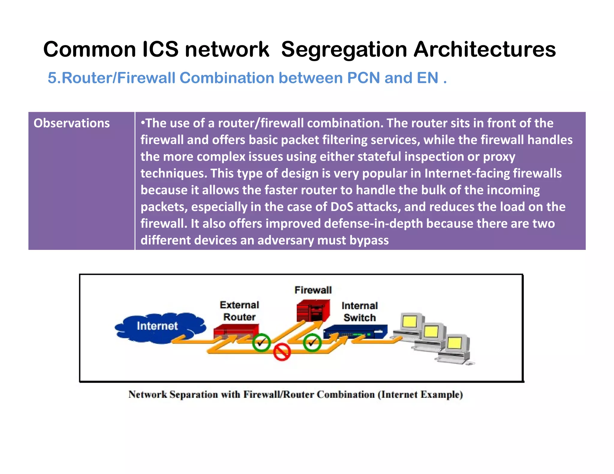 Common ICS network Segregation Architectures
5.Router/Firewall Combination between PCN and EN .
Observations •The use of a router/firewall combination. The router sits in front of the
firewall and offers basic packet filtering services, while the firewall handles
the more complex issues using either stateful inspection or proxy
techniques. This type of design is very popular in Internet-facing firewalls
because it allows the faster router to handle the bulk of the incoming
packets, especially in the case of DoS attacks, and reduces the load on the
firewall. It also offers improved defense-in-depth because there are two
different devices an adversary must bypassdifferent devices an adversary must bypass
 