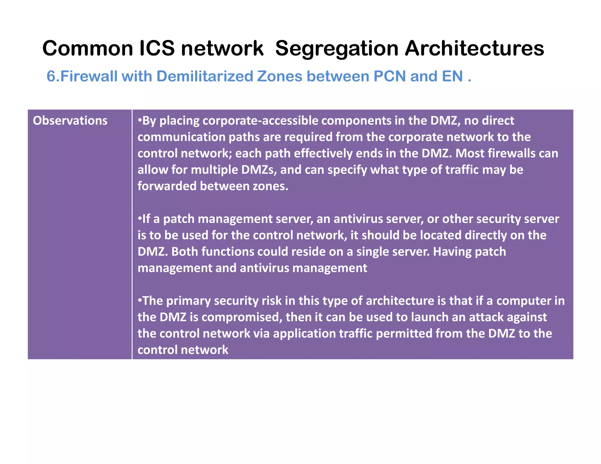 Common ICS network Segregation Architectures
6.Firewall with Demilitarized Zones between PCN and EN .
Observations •By placing corporate-accessible components in the DMZ, no direct
communication paths are required from the corporate network to the
control network; each path effectively ends in the DMZ. Most firewalls can
allow for multiple DMZs, and can specify what type of traffic may be
forwarded between zones.
•If a patch management server, an antivirus server, or other security server
is to be used for the control network, it should be located directly on theis to be used for the control network, it should be located directly on the
DMZ. Both functions could reside on a single server. Having patch
management and antivirus management
•The primary security risk in this type of architecture is that if a computer in
the DMZ is compromised, then it can be used to launch an attack against
the control network via application traffic permitted from the DMZ to the
control network
 