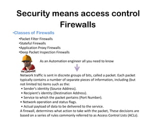 Security means access control
•Classes of Firewalls
Firewalls
•Packet Filter Firewalls
•Stateful Firewalls
•Application Proxy Firewalls
•Deep Packet Inspection Firewalls
As an Automation engineer all you need to know
Network traffic is sent in discrete groups of bits, called a packet. Each packet
typically contains a number of separate pieces of information, including (but
not limited to) items such as the:
• Sender's identity (Source Address).
• Recipient's identity (Destination Address).
• Service to which the packet pertains (Port Number).
• Network operation and status flags.
• Actual payload of data to be delivered to the service.
A firewall, determines what action to take with the packet, These decisions are
based on a series of rules commonly referred to as Access Control Lists (ACLs).
As an Automation engineer all you need to know
 