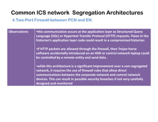 Common ICS network Segregation Architectures
4.Two-Port Firewall between PCN and EN.
Observations •this communication occurs at the application layer as Structured Query
Language (SQL) or Hypertext Transfer Protocol (HTTP) requests. Flaws in the
historian’s application layer code could result in a compromised historian
•if HTTP packets are allowed through the firewall, then Trojan horse
software accidentally introduced on an HMI or control network laptop could
be controlled by a remote entity and send data .
•while this architecture is a significant improvement over a non-segregated
network, it requires the use of firewall rules that allow direct
communications between the corporate network and control network
devices. This can result in possible security breaches if not very carefully
designed and monitored
 