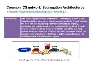 Common ICS network Segregation Architectures
5.Router/Firewall Combination between PCN and EN .
Observations •The use of a router/firewall combination. The router sits in front of the
firewall and offers basic packet filtering services, while the firewall handles
the more complex issues using either stateful inspection or proxy
techniques. This type of design is very popular in Internet-facing firewalls
because it allows the faster router to handle the bulk of the incoming
packets, especially in the case of DoS attacks, and reduces the load on the
firewall. It also offers improved defense-in-depth because there are two
different devices an adversary must bypassdifferent devices an adversary must bypass
 