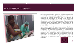 DIAGNÓSTICO Y TERAPIA
Un diagnóstico específico se basa en el aislamiento del virus
o bien en la evidencia de la respuesta inmunitaria y en la
presencia de material genómico viral. Para probar la
presencia de anticuerpos se recurre a un ensayo de
inmunofluorescencia indirecta, al uso de la prueba Western
blot o de la prueba ELISA. Para distinguir el genoma o los
antígenos virales se utiliza la reacción en cadena de la
polimerasa, la inmunofluorescencia, la histoquímica o la
prueba ELISA.
Recurrir a una terapia de apoyo para controlar el volumen
hemático, el balance electrolítico y monitorizar atentamente
la presencia de infecciones secundarias Se han propuesto
terapias a base de suero obtenido de sujetos curados o con
interferón, pero actualmente faltan pruebas de apoyo. La
ribavirina no ha podido reducir, en experimentos in vitro.Es
importante el aislamiento del paciente y el uso de
dispositivos de protección para el personal médico y
enfermeril.
9
 