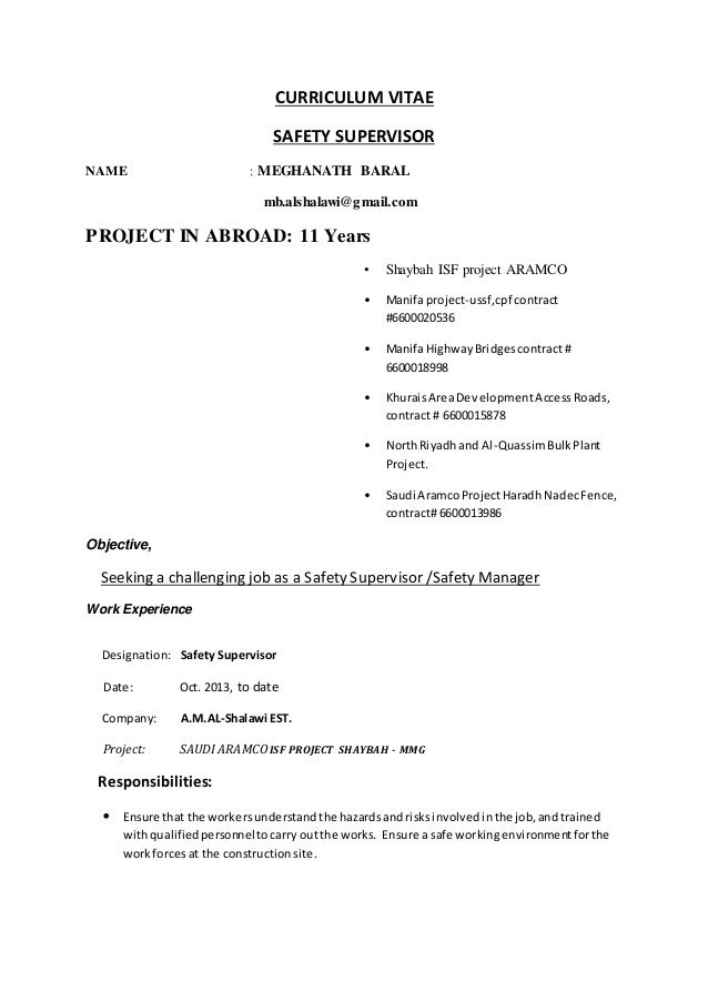 cv of safety supervisor construction supervisor resumes