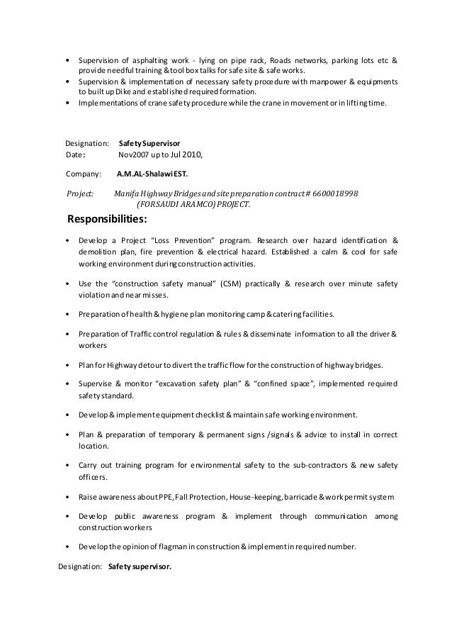 Cv Of Safety Supervisor Cv Of Safety Supervisor