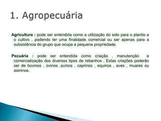 Agricultura : pode ser entendida como a utilização do solo para o plantio e
o cultivo , podendo ter uma finalidade comercial ou ser apenas para a
subsistência do grupo que ocupa a pequena propriedade.
Pecuária : pode ser entendida como criação , manutenção e
comercialização dos diversos tipos de rebanhos . Estas criações poderão
ser de bovinos , ovinos ,suínos , caprinos , equinos , aves , muares ou
asininos.
 