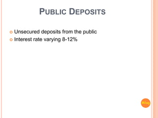 PUBLIC DEPOSITS
 Unsecured deposits from the public
 Interest rate varying 8-12%
Mliag..
 