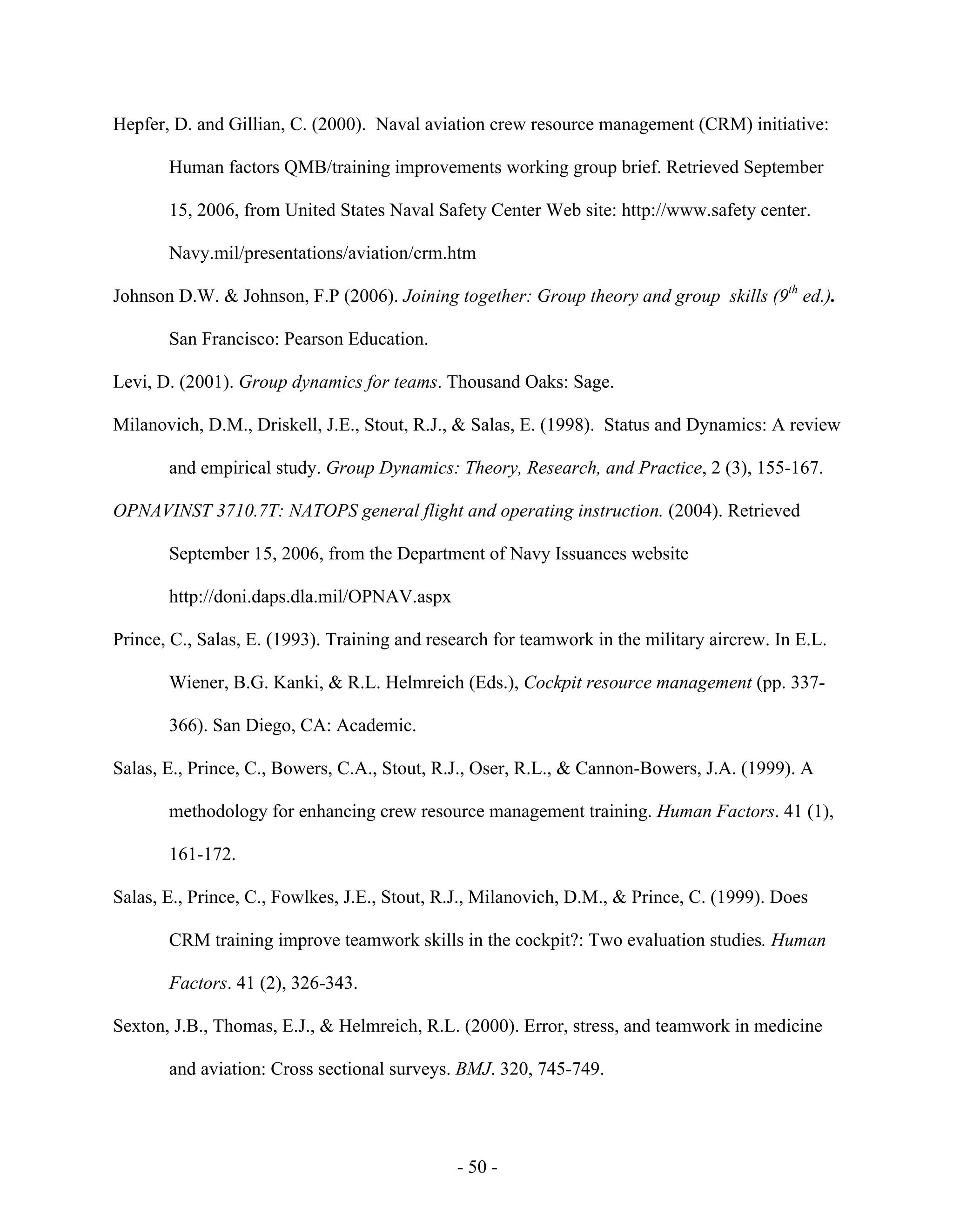 - 50 -
Hepfer, D. and Gillian, C. (2000). Naval aviation crew resource management (CRM) initiative:
Human factors QMB/training improvements working group brief. Retrieved September
15, 2006, from United States Naval Safety Center Web site: http://www.safety center.
Navy.mil/presentations/aviation/crm.htm
Johnson D.W. & Johnson, F.P (2006). Joining together: Group theory and group skills (9th
ed.).
San Francisco: Pearson Education.
Levi, D. (2001). Group dynamics for teams. Thousand Oaks: Sage.
Milanovich, D.M., Driskell, J.E., Stout, R.J., & Salas, E. (1998). Status and Dynamics: A review
and empirical study. Group Dynamics: Theory, Research, and Practice, 2 (3), 155-167.
OPNAVINST 3710.7T: NATOPS general flight and operating instruction. (2004). Retrieved
September 15, 2006, from the Department of Navy Issuances website
http://doni.daps.dla.mil/OPNAV.aspx
Prince, C., Salas, E. (1993). Training and research for teamwork in the military aircrew. In E.L.
Wiener, B.G. Kanki, & R.L. Helmreich (Eds.), Cockpit resource management (pp. 337-
366). San Diego, CA: Academic.
Salas, E., Prince, C., Bowers, C.A., Stout, R.J., Oser, R.L., & Cannon-Bowers, J.A. (1999). A
methodology for enhancing crew resource management training. Human Factors. 41 (1),
161-172.
Salas, E., Prince, C., Fowlkes, J.E., Stout, R.J., Milanovich, D.M., & Prince, C. (1999). Does
CRM training improve teamwork skills in the cockpit?: Two evaluation studies. Human
Factors. 41 (2), 326-343.
Sexton, J.B., Thomas, E.J., & Helmreich, R.L. (2000). Error, stress, and teamwork in medicine
and aviation: Cross sectional surveys. BMJ. 320, 745-749.
 