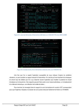 Rapport Stage EDF par Cyril VAAST Page 52
Une fois que l’on a repéré l’opération susceptible de nous indiquer l’origine du problème
vibratoire, on peut accéder au rapport associé à l’intervention. Et c’est là qu’il est important de renseigner
en amont tous les détails que l’on a pu observer durant l’opération pour faciliter à posteriori le travail
d’analyse sur le long terme. Ces rapports peuvent faire suite à une mesure périodique, un remplacement
d’un élément mécanique, une réfection de la dalle de béton…
Pour terminer j’ai renseigné dans le rapport du suivi de tendance le numéro d’OT correspondant
pour que l’ingénieur récepteur du dossier de suivi puisse retrouver facilement le fichier sur SYGMA®.
Figure 43: Liste des Demandes d'Intervention (DI) faites sur 4 EAS 001 PO entre 2005 et 2006
Figure 44: Compte-rendu d'une intervention (mesures vibr.) sur 4 EAS 001 PO
 