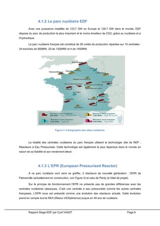 Rapport Stage EDF par Cyril VAAST Page 6
4.1.2 Le parc nucléaire EDF
Avec une puissance installée de 123,7 GW en Europe et 126,7 GW dans le monde, EDF
dispose du parc de production le plus important et le moins émetteur de CO2, grâce au nucléaire et à
l’hydraulique.
Le parc nucléaire français est constitué de 58 unités de production réparties sur 19 centrales :
34 tranches de 900MW, 20 de 1300MW et 4 de 1450MW
La totalité des centrales nucléaires du parc français utilisent la technologie dite de REP :
Réacteurs à Eau Pressurisée. Cette technologie est également la plus répandue dans le monde en
raison de sa fiabilité et son rendement élevé.
4.1.3 L’EPR (European Pressurized Reactor)
A ce parc nucléaire vont venir se greffer, 2 réacteurs de nouvelle génération : l’EPR de
Flamanville (actuellement en construction, voir Figure 4) et celui de Penly (à l’état de projet).
Sur le principe de fonctionnement l’EPR ne présente pas de grandes différences avec les
centrales nucléaires classiques. C’est une centrale à eau pressurisée comme les autres centrales
françaises. L’EPR nous est présenté comme une évolution des réacteurs actuels. Cette évolution
prend en compte tout le REX (Retour d’EXpérience) acquis en 40 ans de nucléaire.
Figure 3: Cartographie des sites nucléaires
 
