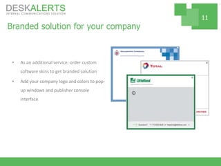 Branded solution for your company
• As an additional service, order custom
software skins to get branded solution
• Add your company logo and colors to pop-
up windows and publisher console
interface
11
 