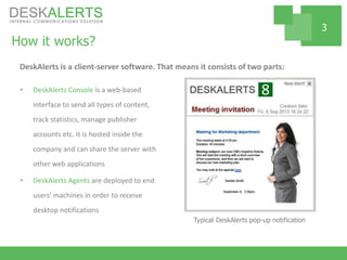 How it works?
• DeskAlerts Console is a web-based
interface to send all types of content,
track statistics, manage publisher
accounts etc. It is hosted inside the
company and can share the server with
other web applications
• DeskAlerts Agents are deployed to end
users’ machines in order to receive
desktop notifications
DeskAlerts is a client-server software. That means it consists of two parts:
3
Typical DeskAlerts pop-up notification
 