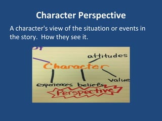 Character Perspective
A character's view of the situation or events in
the story. How they see it.
 