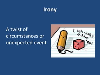 Irony
A twist of
circumstances or
unexpected event
 