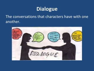 Dialogue
The conversations that characters have with one
another.
 