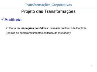 Transformações Corporativas
10
Projeto das Transformações
Auditoria
 Plano de inspeções periódicas: baseado no item 1 de Controle
(índices de comprometimento/aceitação da mudança);
 