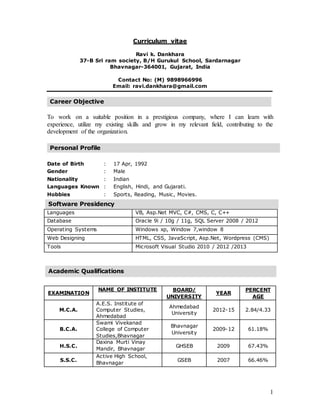 1
Curriculum vitae
Ravi k. Dankhara
37-B Sri ram society, B/H Gurukul School, Sardarnagar
Bhavnagar-364001, Gujarat, India
Contact No: (M) 9898966996
Email: ravi.dankhara@gmail.com
To work on a suitable position in a prestigious company, where I can learn with
experience, utilize my existing skills and grow in my relevant field, contributing to the
development of the organization.
Date of Birth : 17 Apr, 1992
Gender : Male
Nationality : Indian
Languages Known : English, Hindi, and Gujarati.
Hobbies : Sports, Reading, Music, Movies.
Languages VB, Asp.Net MVC, C#, CMS, C, C++
Database Oracle 9i / 10g / 11g, SQL Server 2008 / 2012
Operating Systems Windows xp, Window 7,window 8
Web Designing HTML, CSS, JavaScript, Asp.Net, Wordpress (CMS)
Tools Microsoft Visual Studio 2010 / 2012 /2013
Career Objective
Personal Profile
Software Presidency
Academic Qualifications
EXAMINATION
NAME OF INSTITUTE BOARD/
UNIVERSITY
YEAR
PERCENT
AGE
M.C.A.
A.E.S. Institute of
Computer Studies,
Ahmedabad
Ahmedabad
University
2012-15 2.84/4.33
B.C.A.
Swami Vivekanad
College of Computer
Studies,Bhavnagar
Bhavnagar
University
2009-12 61.18%
H.S.C.
Daxina Murti Vinay
Mandir, Bhavnagar
GHSEB 2009 67.43%
S.S.C.
Active High School,
Bhavnagar
GSEB 2007 66.46%
 