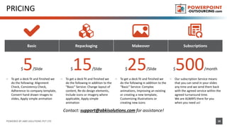 PRICING
POWERED BY ABKI SOLUTIONS PVT LTD 18
Basic Repackaging Makeover Subscriptions
$5/Slide $15/Slide $25/Slide $500/month
– To get a deck fit and finished we
do the following: Alignment
Check, Consistency Check,
Adherence to company template,
Convert hand drawn images to
slides, Apply simple animation
– To get a deck fit and finished we
do the following in addition to the
“Basic” Service: Change layout of
content, Re-do design elements,
Include icons or imagery where
applicable, Apply simple
animation
– To get a deck fit and finished we
do the following in addition to the
“Basic” Service: Complex
animations, Improving an existing
or creating a new template,
Customizing illustrations or
creating new icons
– Our subscription Service means
that you can send in your slides
any time and we send them back
with the agreed service within the
agreed turnaround time.
We are ALWAYS there for you
when you need us!
Contact: support@abkisolutions.com for assistance!
 