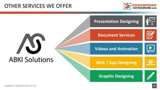 OTHER SERVICES WE OFFER
POWERED BY ABKI SOLUTIONS PVT LTD
Videos and Animation
Presentation Designing
Document Services
Graphic Designing
Web / App Designing WWW
19
 
