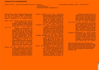 site:dhanmondi,dhaka, bangladeshduration: 8 weeks (september ‘05-October ‘05) supervisors:
-dr. fuad h. mallick
-ehsan khan (visiting faculty)
-hureira zabeen (sr. lecturer_ huraera@hotmail.com
semester: 3rd yr level I
residence for an extended family
grade: A site area:3554.91 sft
Eldest Daughter-in-law (35)- Housewife
She manages the whole household and
takes turn alternately with her sister-in-
law to do the cooking. At home she
spends her evenings teaching her
children. Her hobbies are listening to
old songs, watching television serials
e v e r y n i g h t a n d g a r d e n i n g .
Youngest Son (28) –Software Engineer
He loves to paint, read and playing
“SHARAD” .He enjoys cooking and
often experiments in the kitchen with his
eldest niece. He is very moody, that he
does whatever he feels like whenever
he wants. He is a very fun-loving sort of
person but basically reserved.
Youngest Daughter-in-law (28)- Interior Designer
She is also a very fun-loving sort of
person and always having fun and
playing games with her nieces and
nephew whenever she is at home. She
loves to write, sing, read watch movies
with her nephew and nieces. She cooks
alternately with her elder sister-in-law.
Eldest Granddaughter (19)- Unemployed
Her parents died about some 5 years
back .At that time she was staying with
her paternal grandparents out of
Dhaka. A year back her grandparents
got her married and then she got an
annulment withinfew months. her
maternal grandparents then shifted her
to dhaka at their place. she is very
attached to her younger uncle and aunt
and her cousins. she stays home and
helps manage the household with her
eldest aunt. she loves to sing and have
fun with her family members.
g r a n d s o n ( 1 4 ) - s c h o o l s t u d e n t
he loves to paint and is very much into
sports. mostly he likes spending time
with his grandparents and cousin. he
often gets into fights with his younger
sister. watching cartoons/movies,
looking after his many pets and painting
a r e h i s h o b b i e s .
youngest granddaughter (8)- school student
she is the youngest in the whole family.
she learns to dance. mostly when at
home, she spends time with the female
members of the family and her
grandfather. she likes looking after her
pets along with her brother.
initially the concept was to play with squares an
circles to create compositions for the plan. but finally
these compositions led to playing with simple , solid,
broken boxes and cylinders three dimensionally.the
end result - basic composition of solid forms with
simple punches.
the task was to create an imaginary extended family
and then solve each members requirements.
t h e f a m i l y m e m b e r s a r e a s f o l l o w s -
project-1 (residence for an extended family)
father (68)- retired government official
he likes watching sports with his
grandson. mostly he enjoys spending
his time grandchildren. he likes reading
books and is very religious.
m o t h e r ( 6 0 ) - h o u s e w i f e
nowadays she cooks only for her
grandchildren. that is whenever and
whatever special food they demand
from their grandmother. she enjoys
watching television and old movies with
her elder granddaughter; sewing,
reading, spending time with her
grandchildren are her hobbies. she is
very religious. she is a bit
claustrophobic which is why she always
wants a big verandah in whichever
house she lives so that in the
afternoons she can sit with her armchair
a n d e n j o y h e r t i m e .
eldest son (38)- chartered accountant
he likes watching action movies. due to
his profession he remains very busy
and even if he is at home he remains a
lot of the time on the phone or works on
the computer. so whenever he is free he
likes watching movies with his children.
page12
 